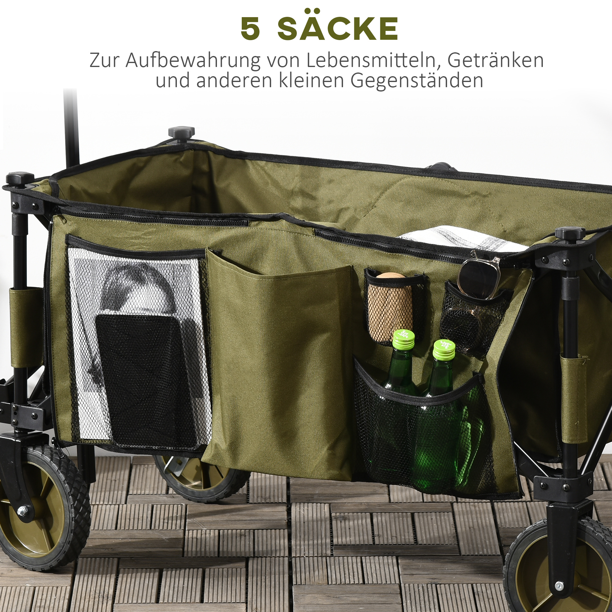 Bollerwagen, klappbar, 5 Seitentaschen, verstellbarer Griff, bis 120 kg belastbar, Stahl, 108 x 55 x 93 cm, Grün