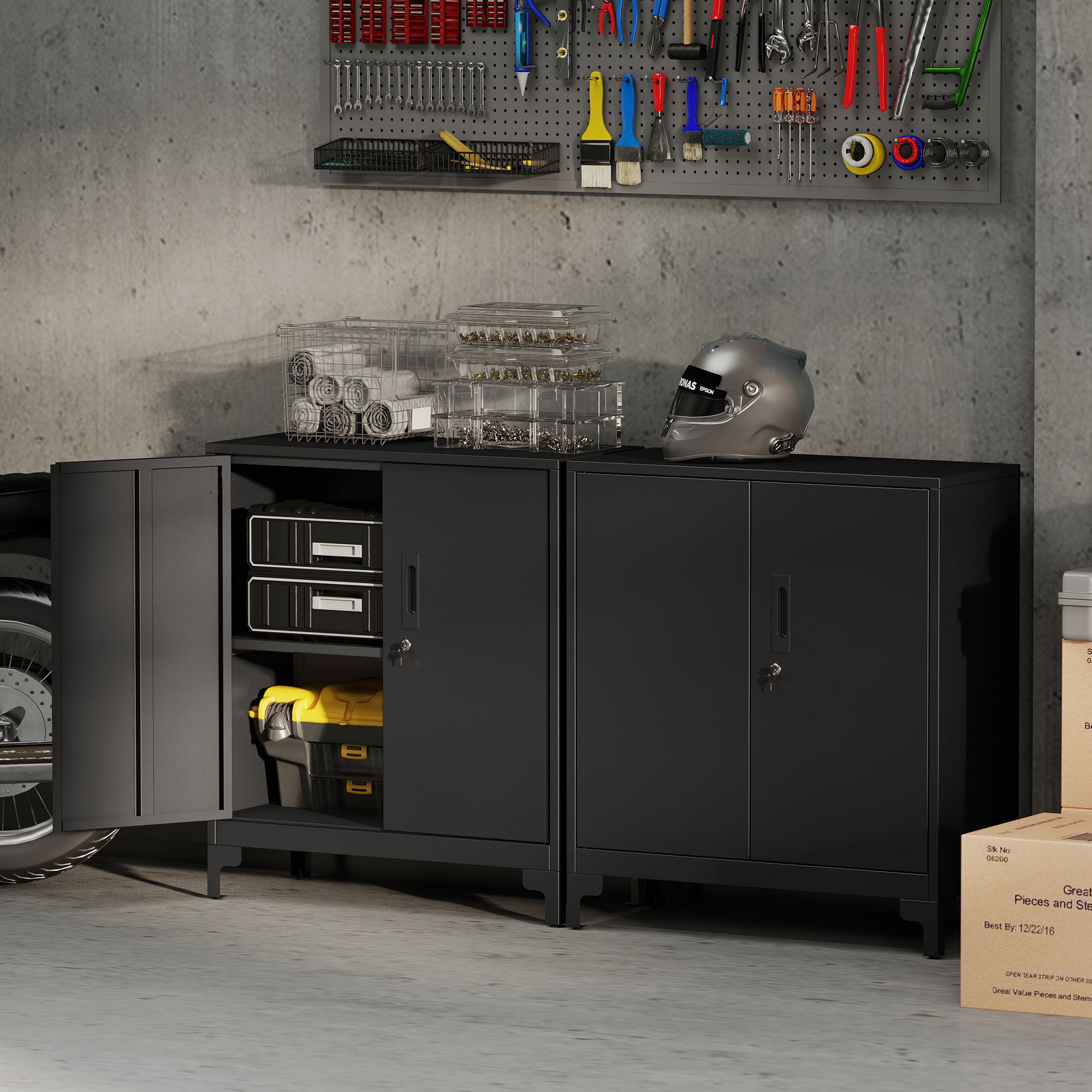 Büroschrank aus Metall, verschließbare Türen, Bürokommode, 2-stufiges Design, Schwarz