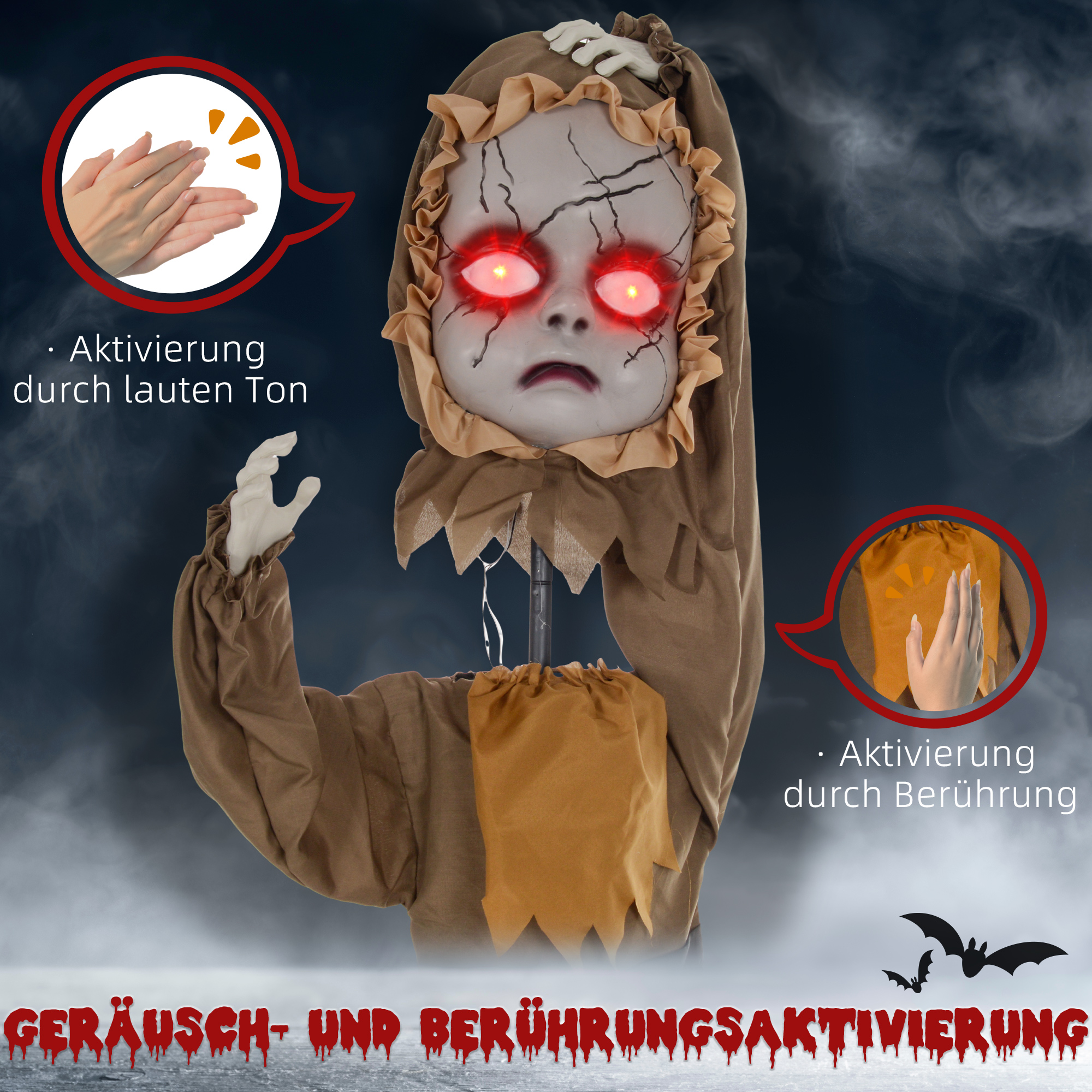 Grusel-Puppe Halloween-Dekoration, beweglicher Kopf, rote Augen, Batteriebetrieb