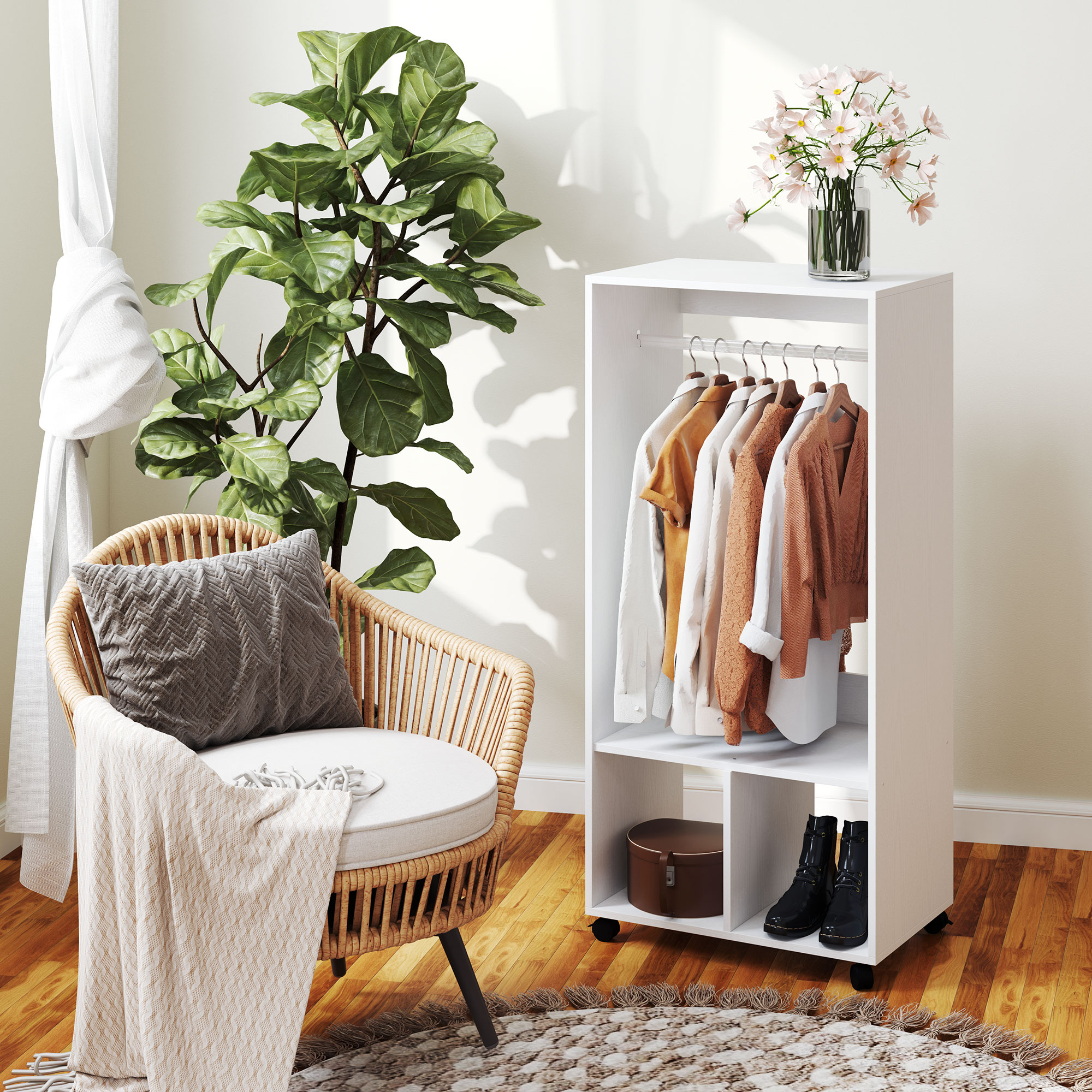 Kleiderschrank Garderobe,60 cm x 40 cm x 127 cm, 1 Kleiderstange, 2 Regale, Weiß