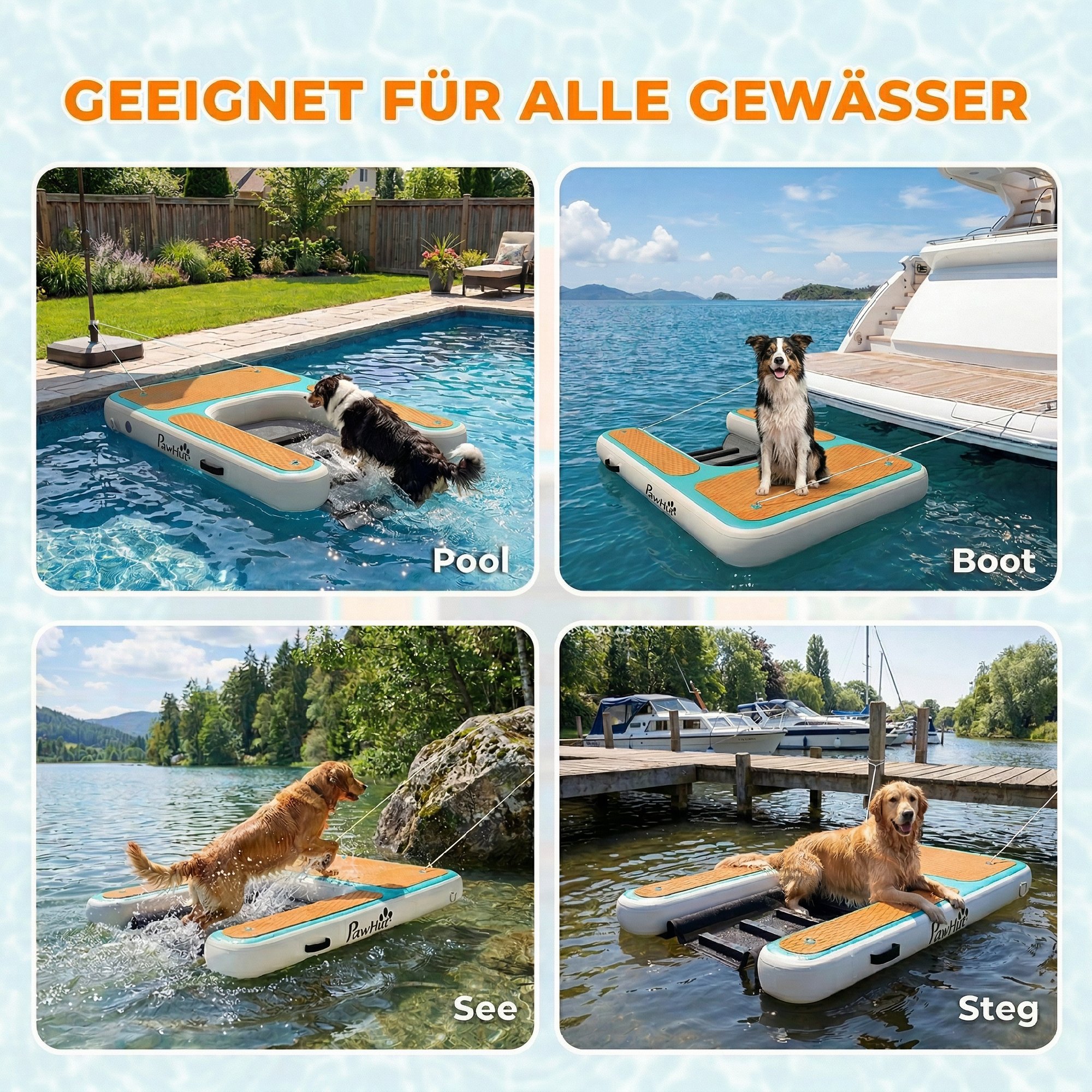Aufblasbare Hunde Wasserrampe Hunderampe Pool 151x102 cm Tragbares Hundeboot mit Rutschfester EVA-Oberfläche Orange