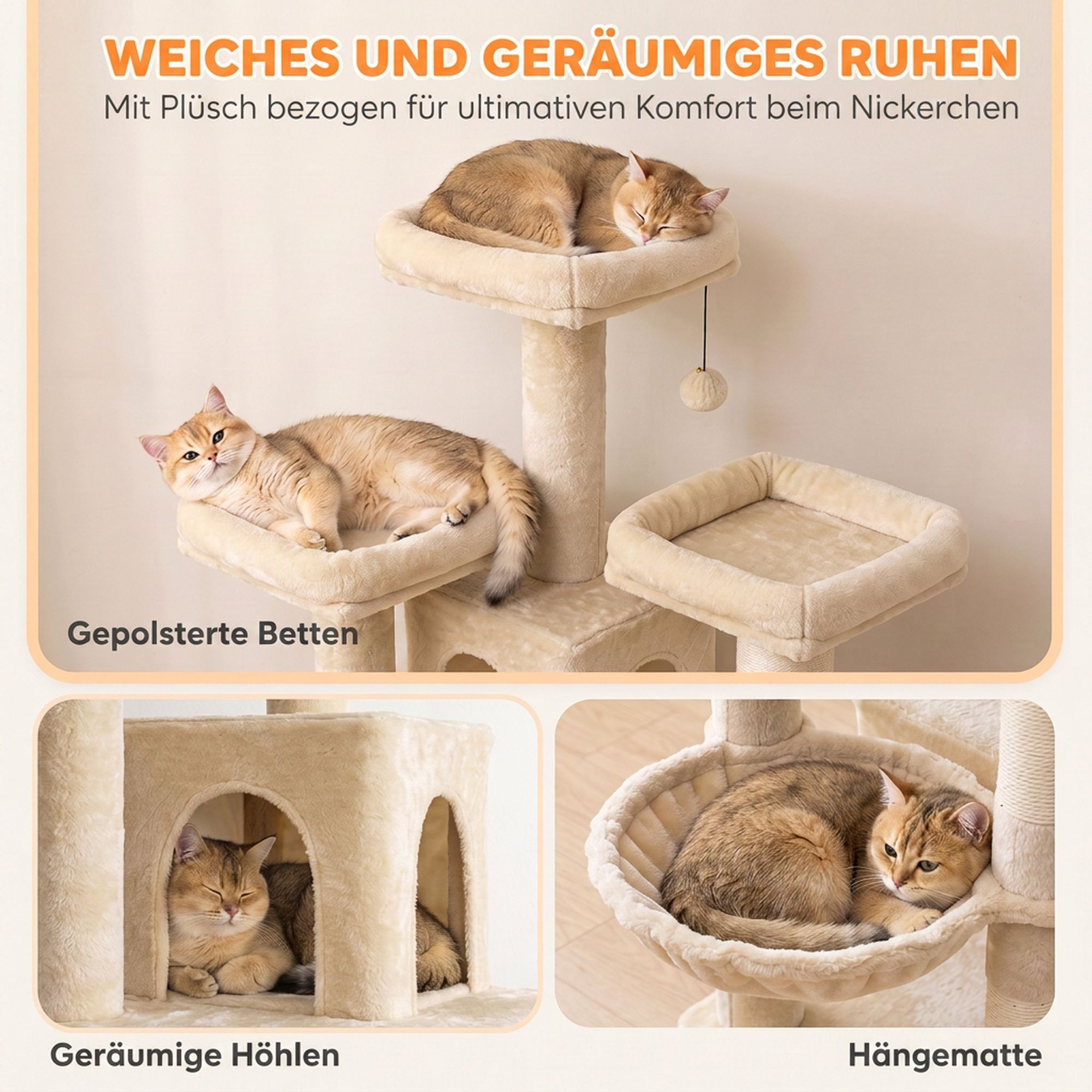 Kratzbaum Groß 184 cm hoch Katzenbaum mit 3 Kratzstämmen Liegeflächen Spielball Hängematte Leiter, Katzen unter 6 kg