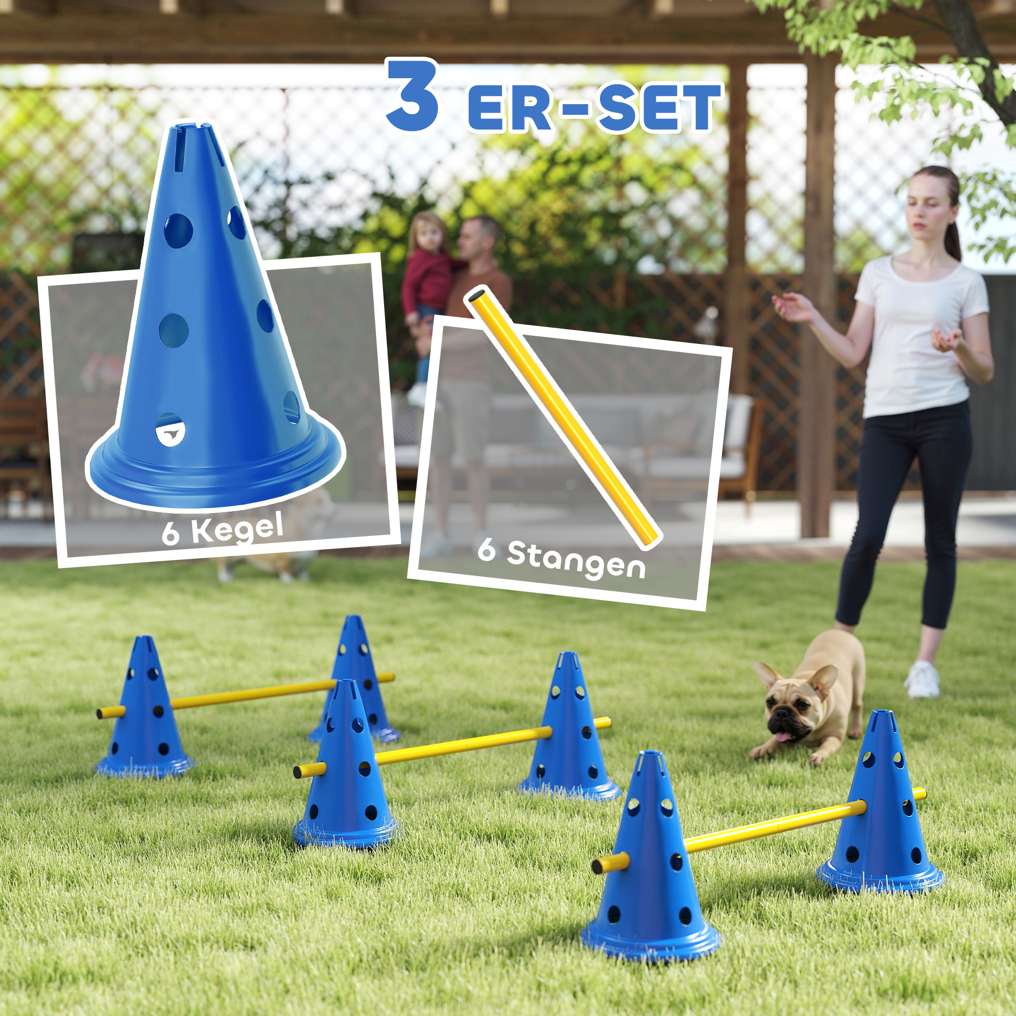 Agility Set Hunde 3-teiliges Agility-Ausrüstung für Hundetraining Steckhürdenset mit 6 Kegel 3 Hürden Tragetasche