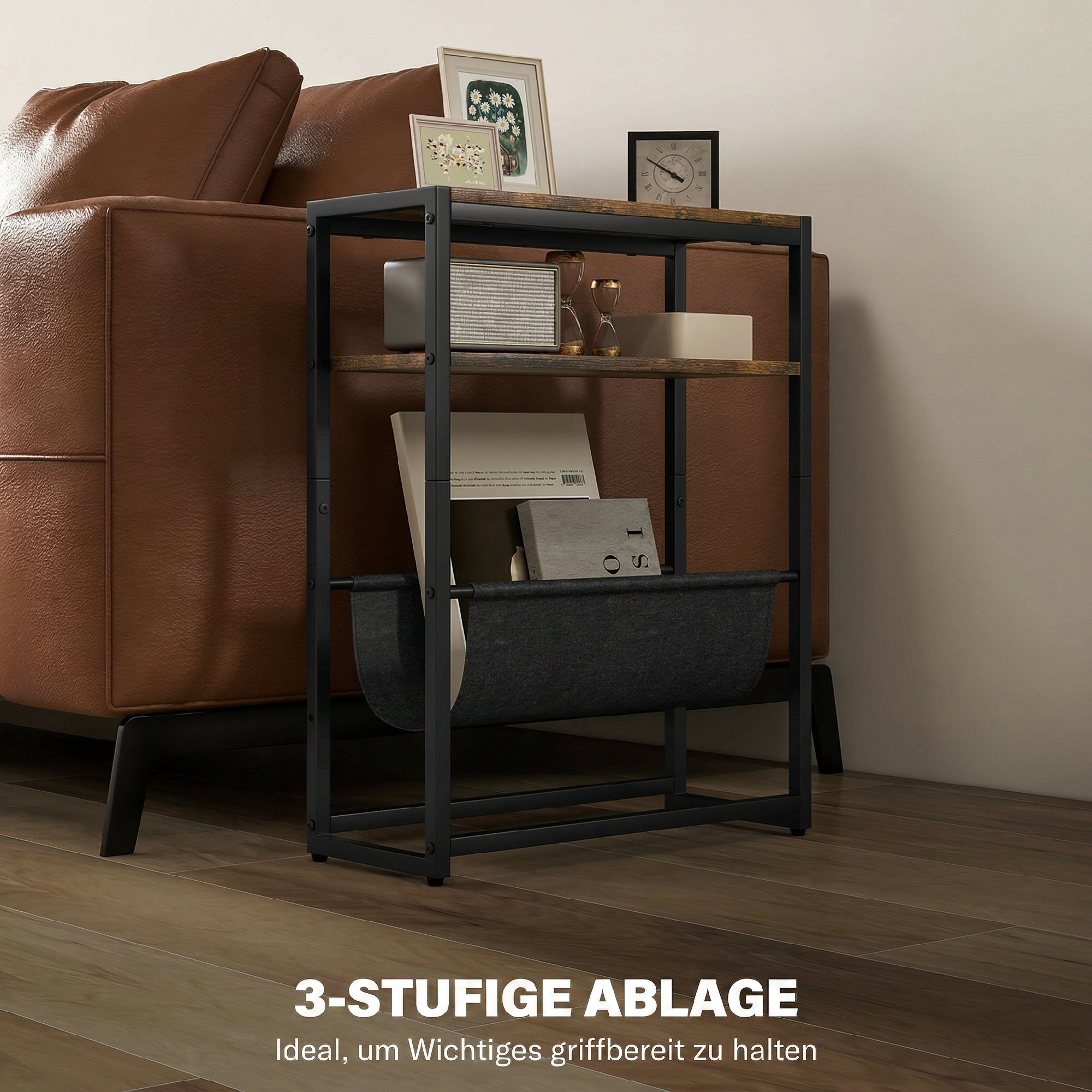 Beistelltisch, Couchtisch mit 3-stufiger Ablage, V-förmigem Magazinhalter 43 x 18 x 56 cm, Rustikal Braun