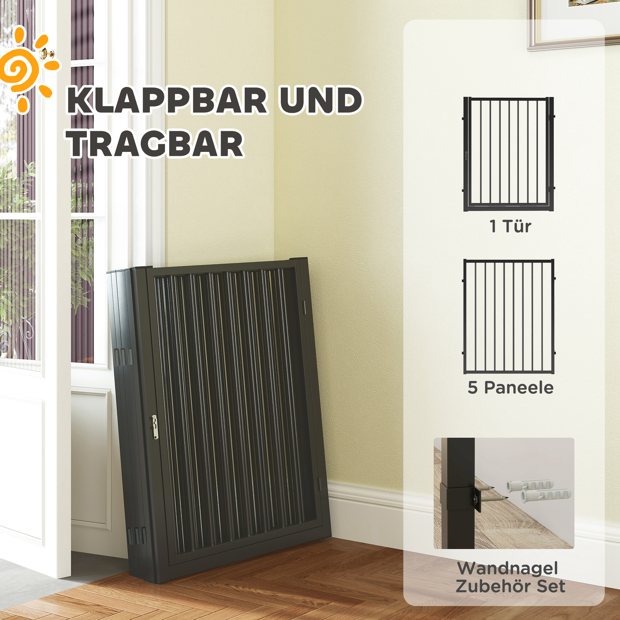 Welpenauslauf, Hundeauslauf, Welpengehege, 6 Paneele mit Tür, faltbarer und tragbarer Hundezaun, Stahl, Schwarz