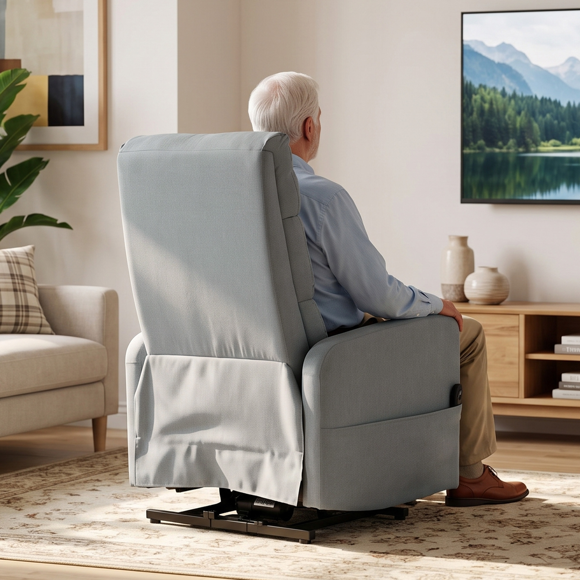 elektrischer Relaxsessel mit Aufstehhilfe, Fernbedienung, weicher Schaumstoff, Seitentasche, Bezug in Leinenoptik, Grau