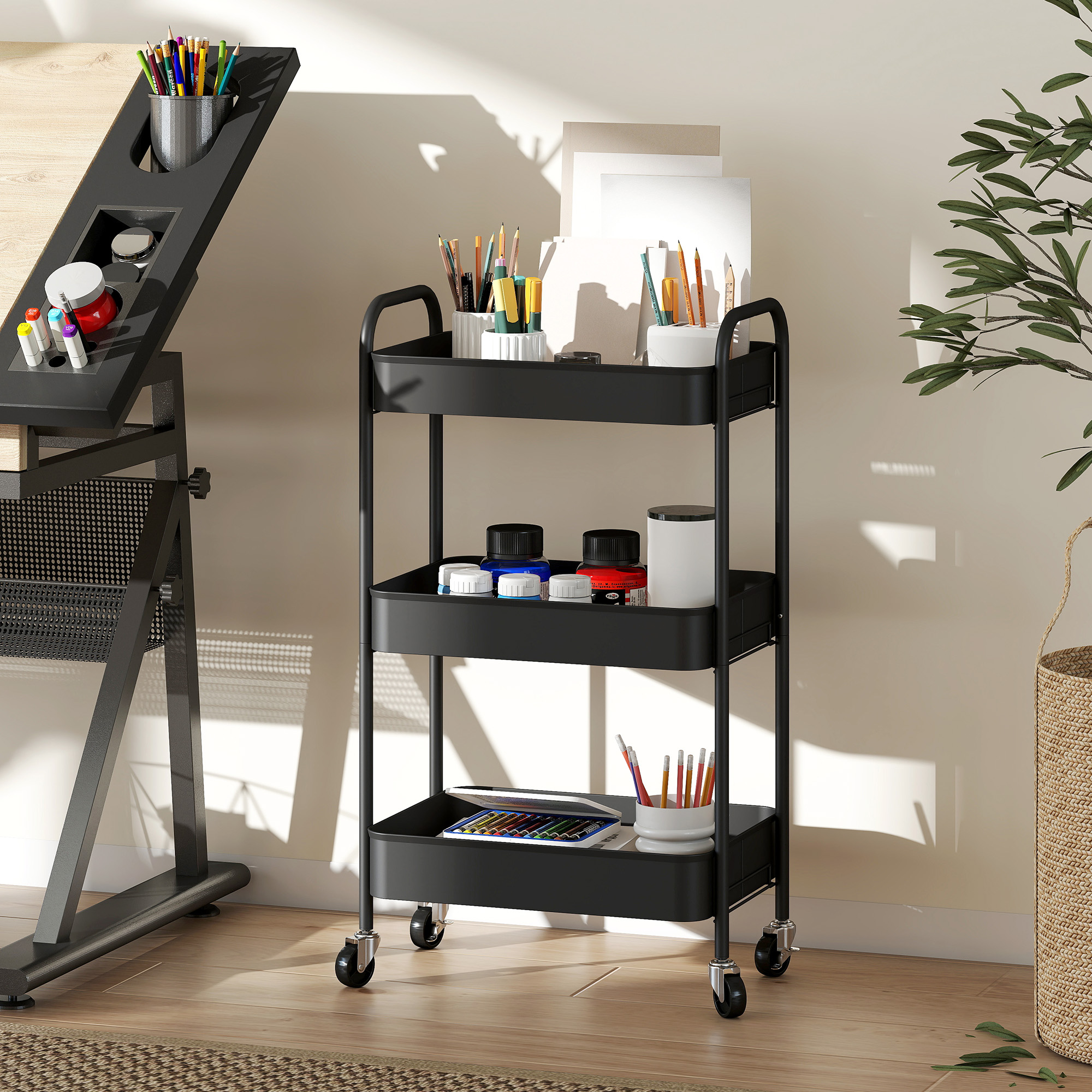 Mehrzweckwagen Rollwagen Küchenwagen, 3 Regale, 4 Rollen, 45 cm x 30,6 cm x 79 cm, Schwarz