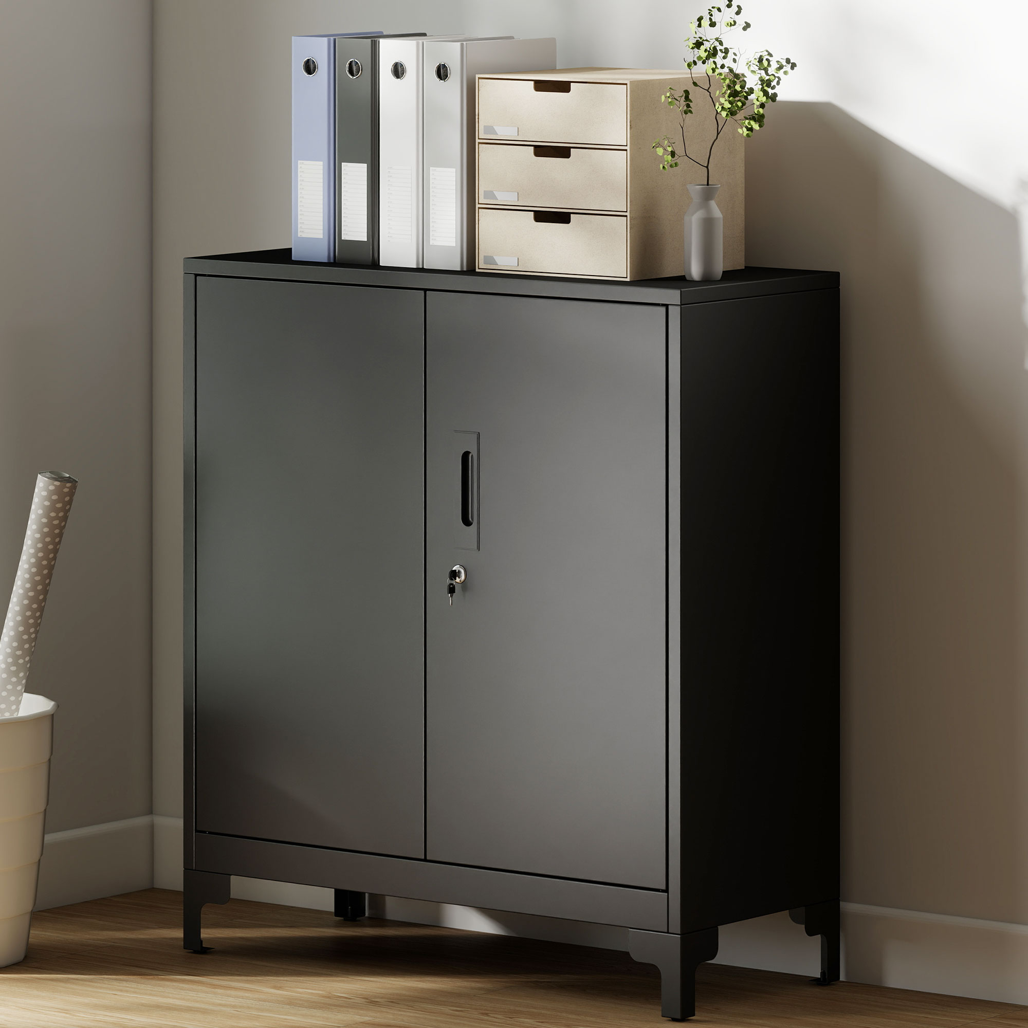 Büroschrank aus Metall, verschließbare Türen, Bürokommode, 2-stufiges Design, Schwarz