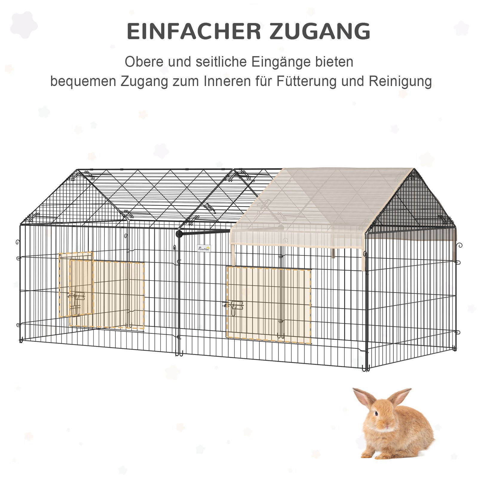 Laufgitter für Kleintiere, Außengehege, 4 Bodenspieße, 220 cm x 103 cm x 103 cm, Schwarz + Beige