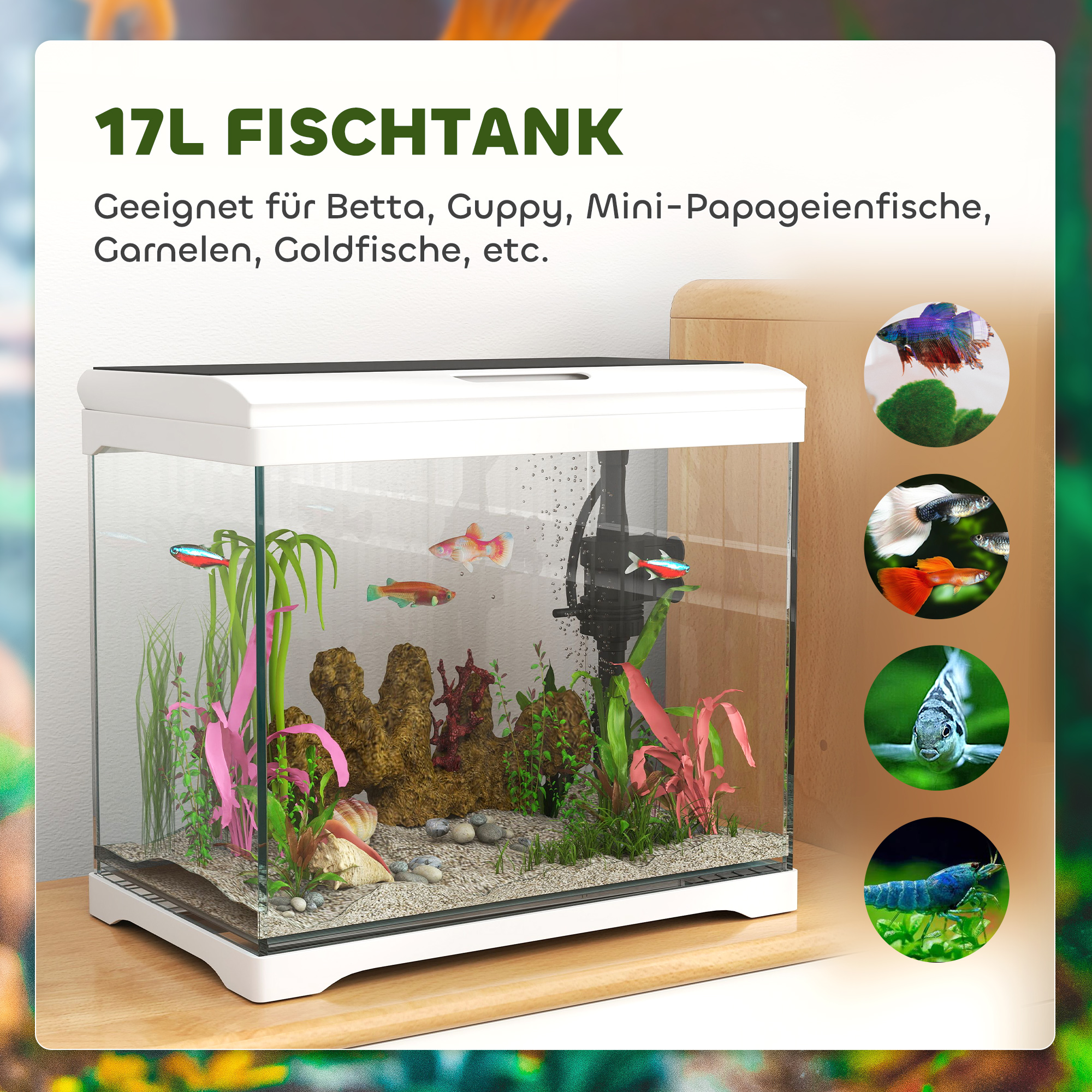 Aquarium, 17 L Tropenfischaquarium, leichte Pflege, klare Sicht, mit LED-Leuchten, 35L x 21B x 31H cm, Weiß+Schwarz