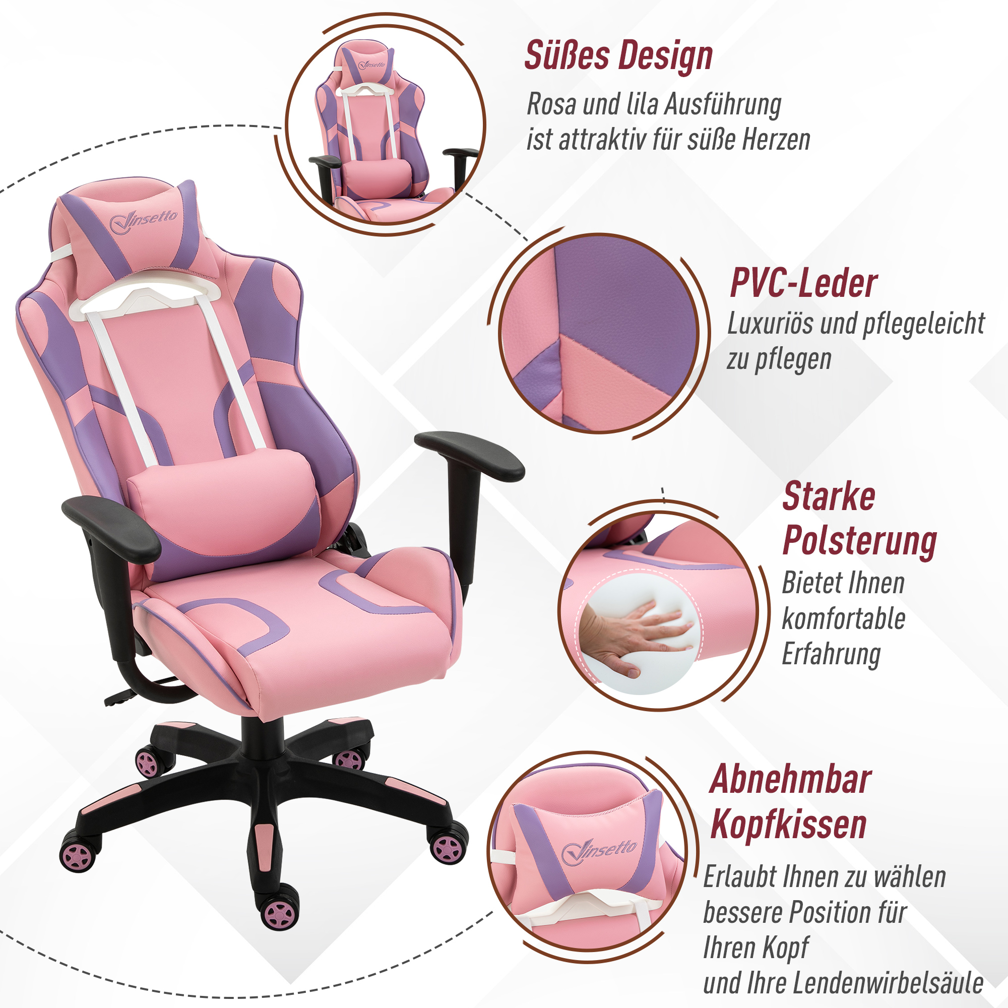 Ergonomischer Gaming Stuhl Bürostuhl Drehstuhl Verstellbares Massage Lendenkissen Höhenverstellbar Rosa&Violett 69x56x125,5 cm