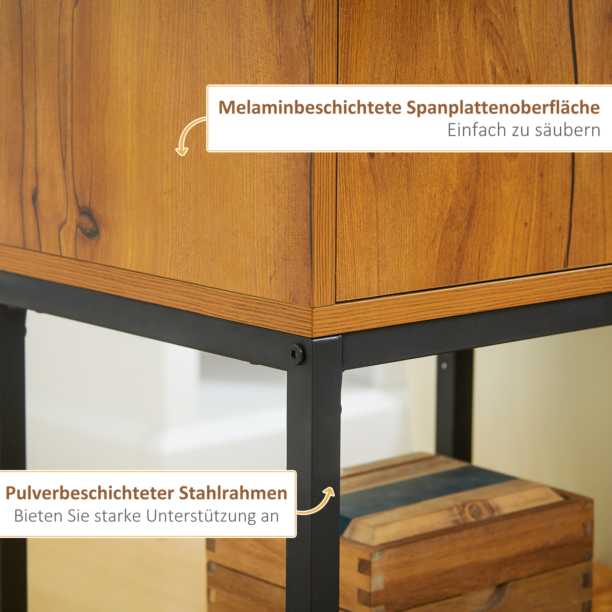 Konsolentisch im Industiriedesign, Beistelltisch, Sideboard, 1 Schrank, Braun + Schwarz