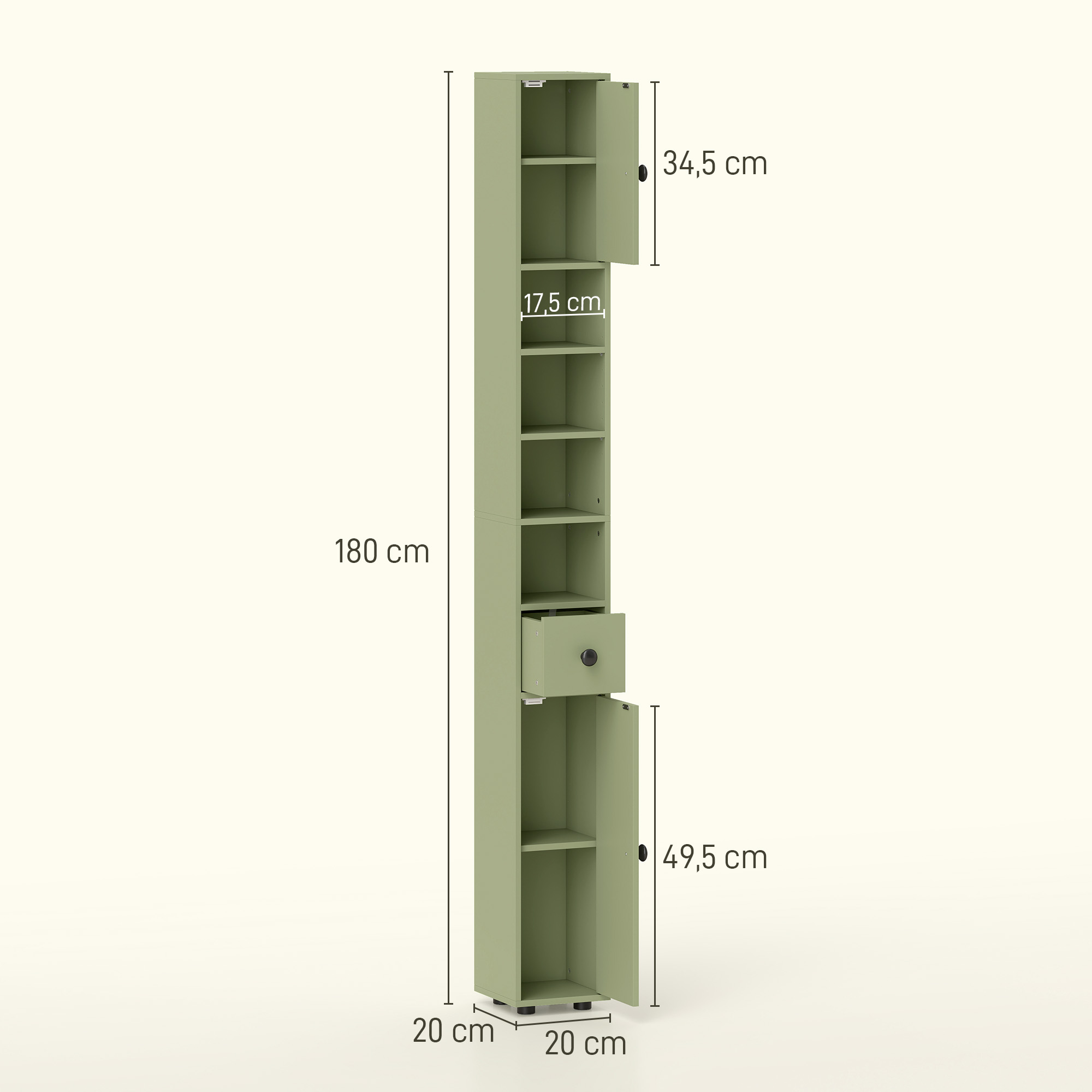 Badezimmerschrank schmal mit Schublade und 4 offenen Fächern für kleine Räume 20 x 20 x 180 cm Grün