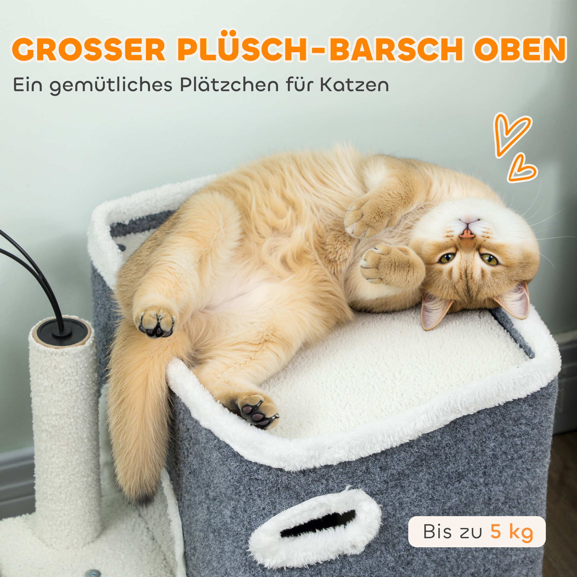 Katzenkratzbaum, Top-Liegefläche, 2-stöckiges Haus, Sisalpfosten, Grau