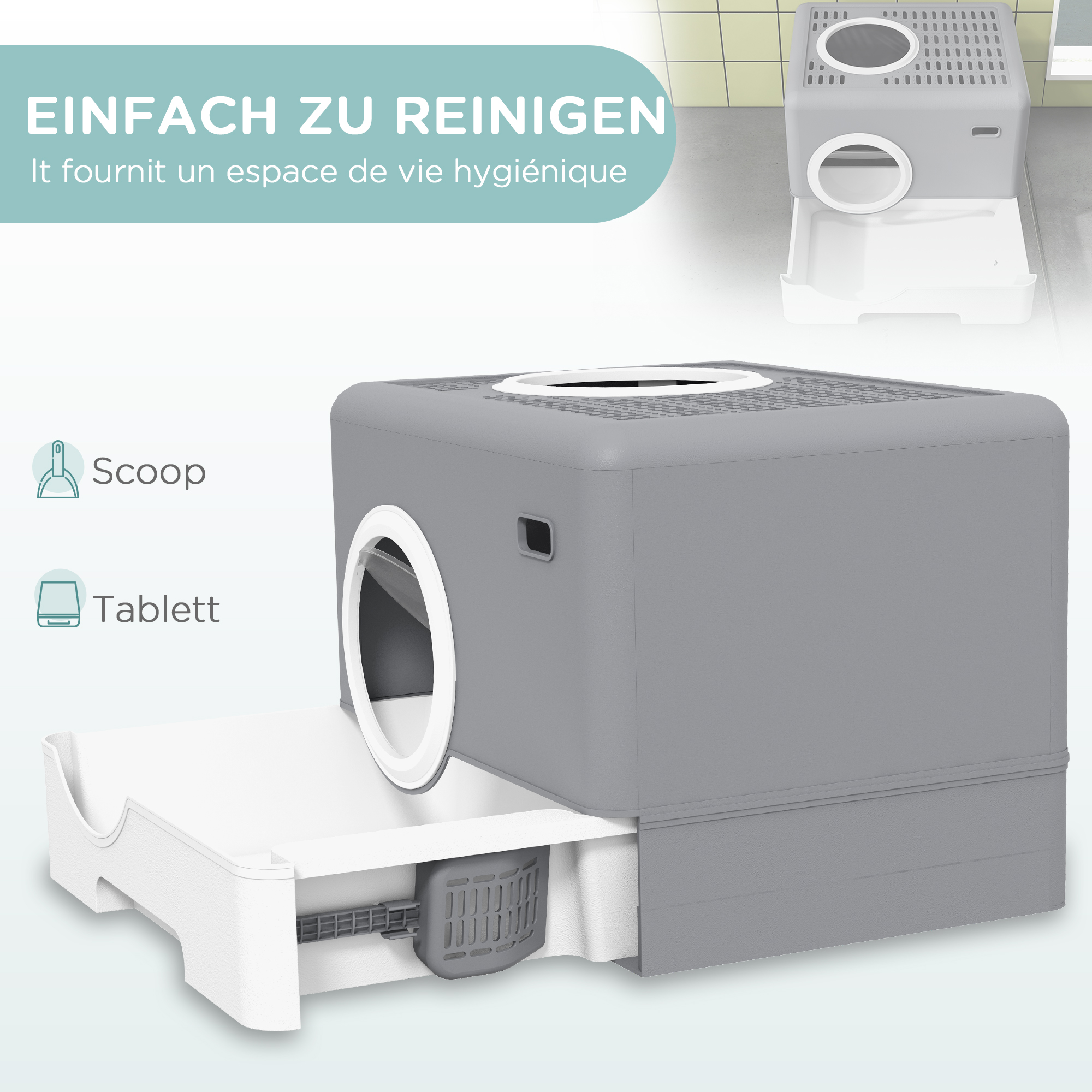 Katzentoilette Katzenklo, 2 Ausgänge, herausnehmbare Bodenwanne, 52 x 41 x 38, 5 cm, Grau