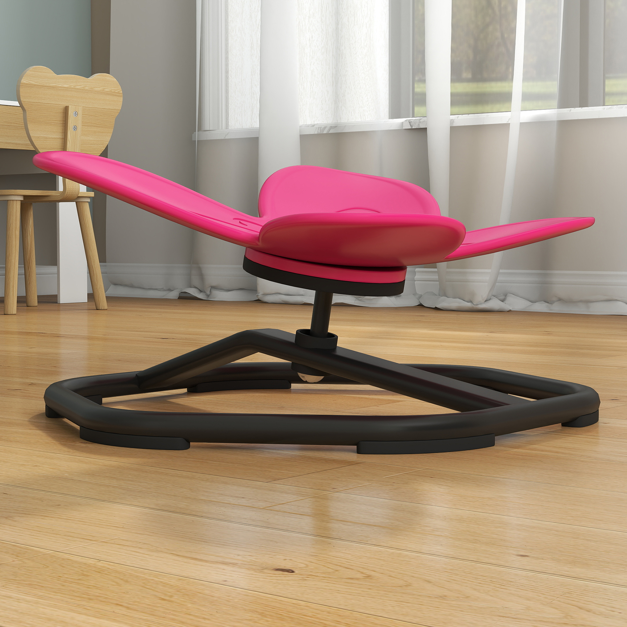 Sensorischer Drehstuhl für Kinder, Schmetterlings-Form, fördert Balance und Koordination, Kunststoff, Metall, Rosa