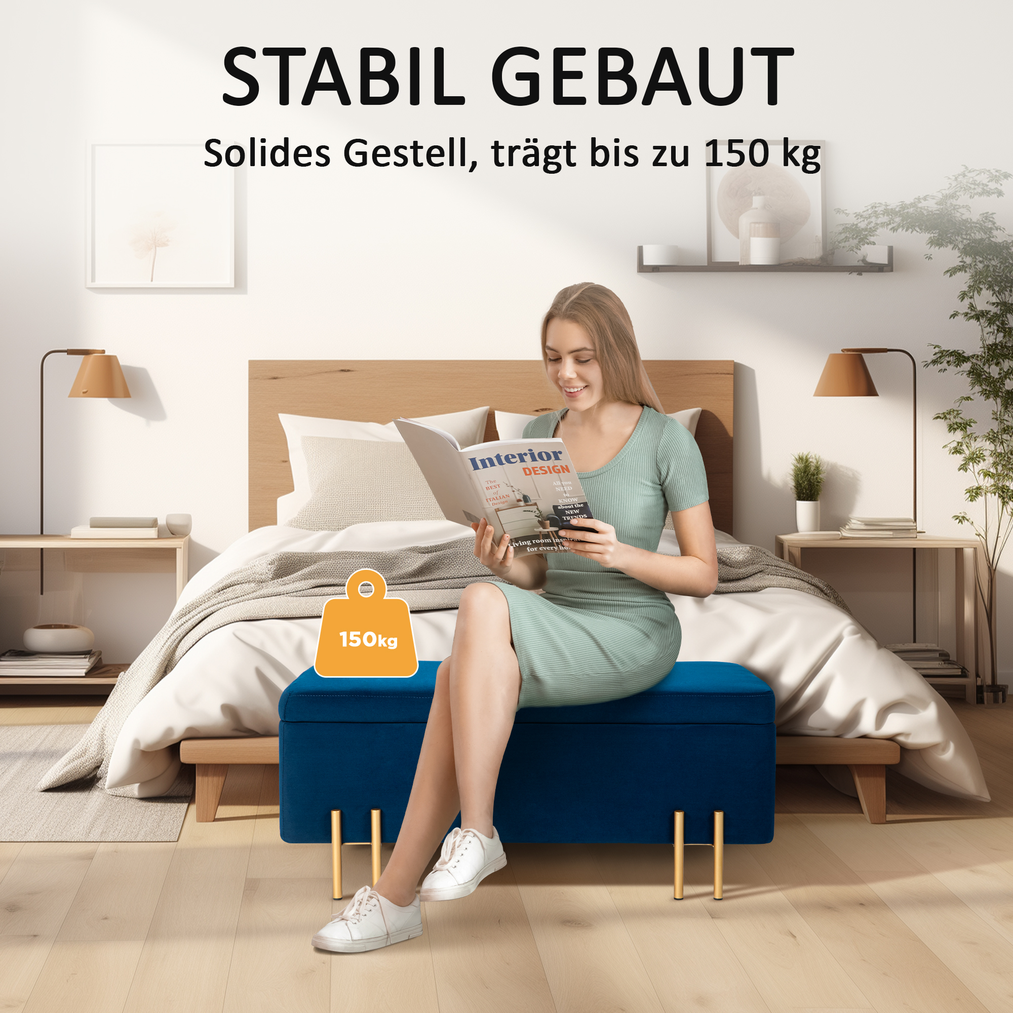 Sitzbank, Polsterbank mit Stauraum, Metall, Kautschukholz, Schaumstoff, 100 x 40 x 42 cm, Dunkelblau