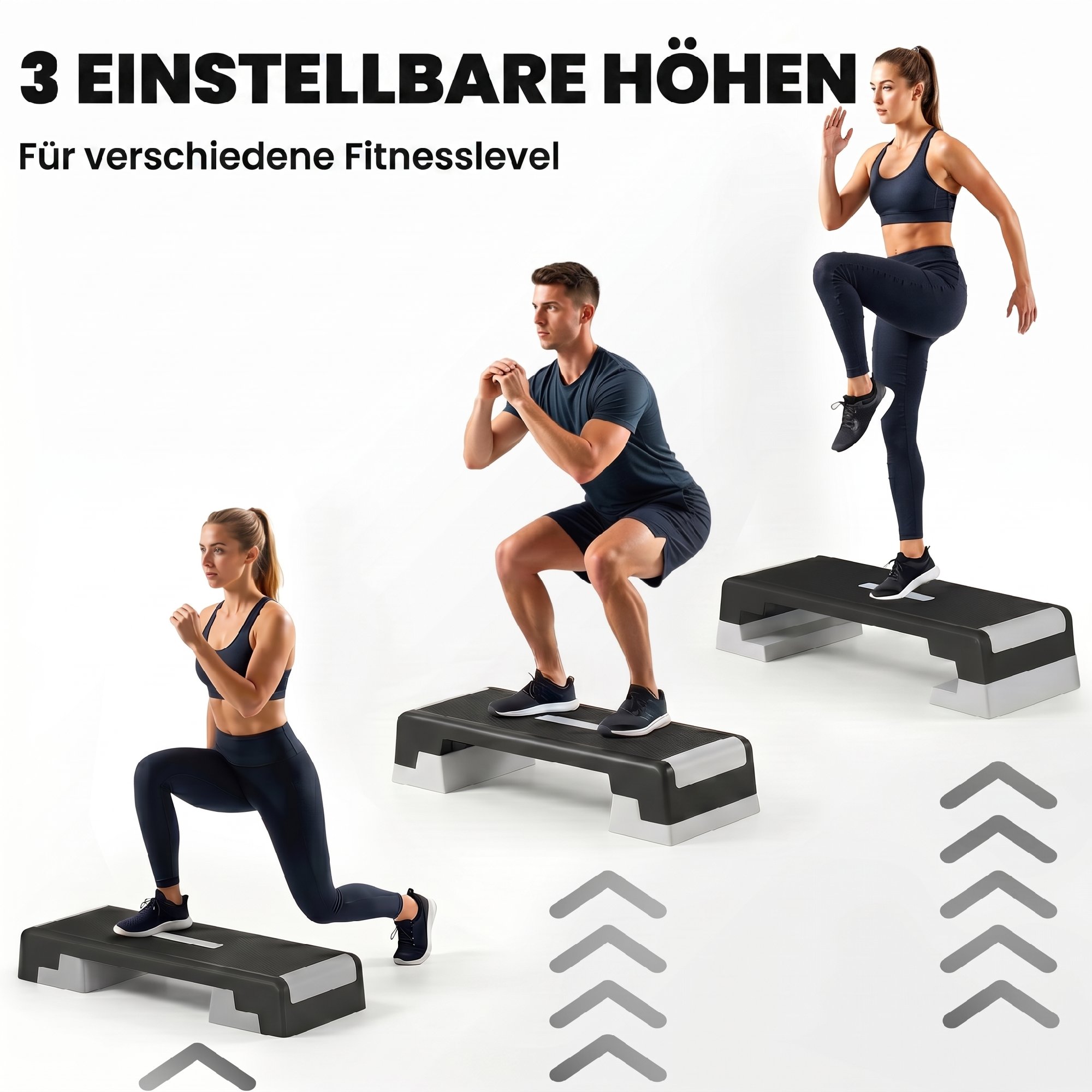 Steppbrett höhenverstellbar Fitness Aerobic Stepper mit 3 Stufen (15/20/25 cm), Anti-Rutsch-Matte Schwarz+Grau
