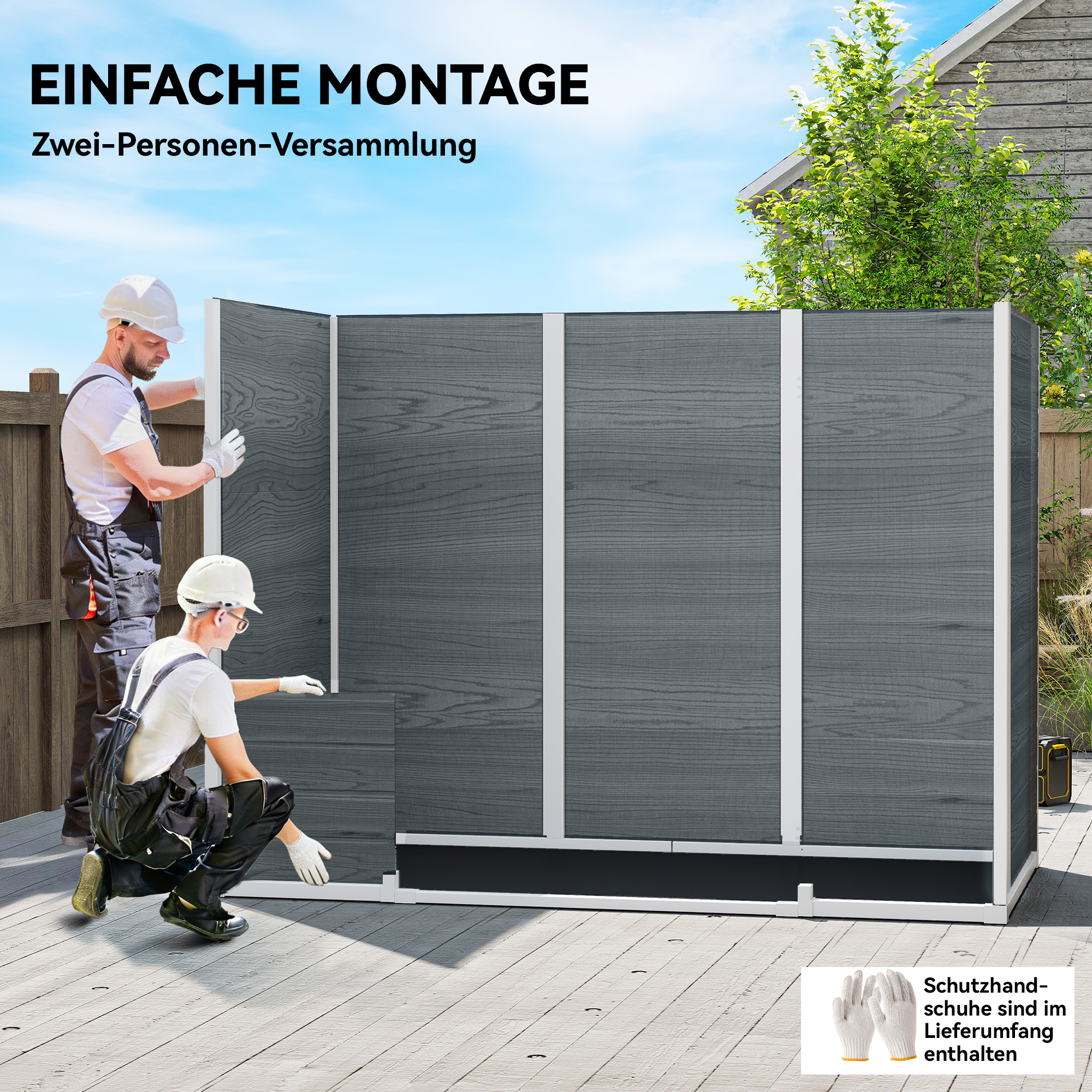 Gerätehaus 2,77 m², Geräteschuppen mit Holzoptik 2 Fenster Doppeltür Belüftung Boden Schloss Handschuhe