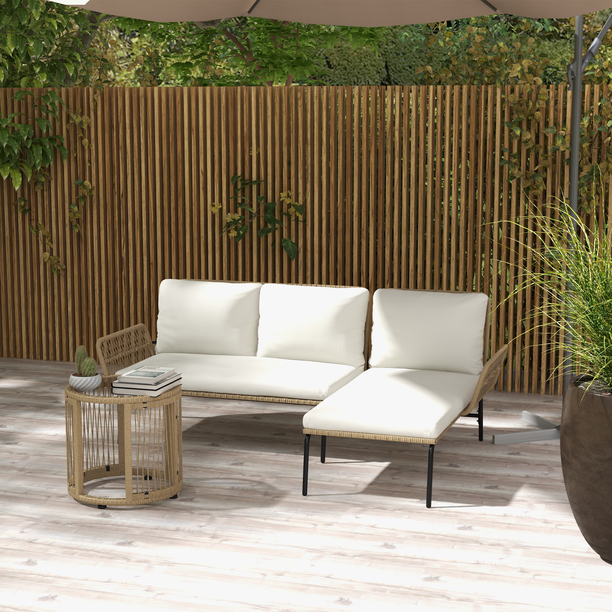 Gartensitzgrupp Loungemöbel-Set, PE Rattan, 122 x 79 x 75 cm, Natur + Cremweiß