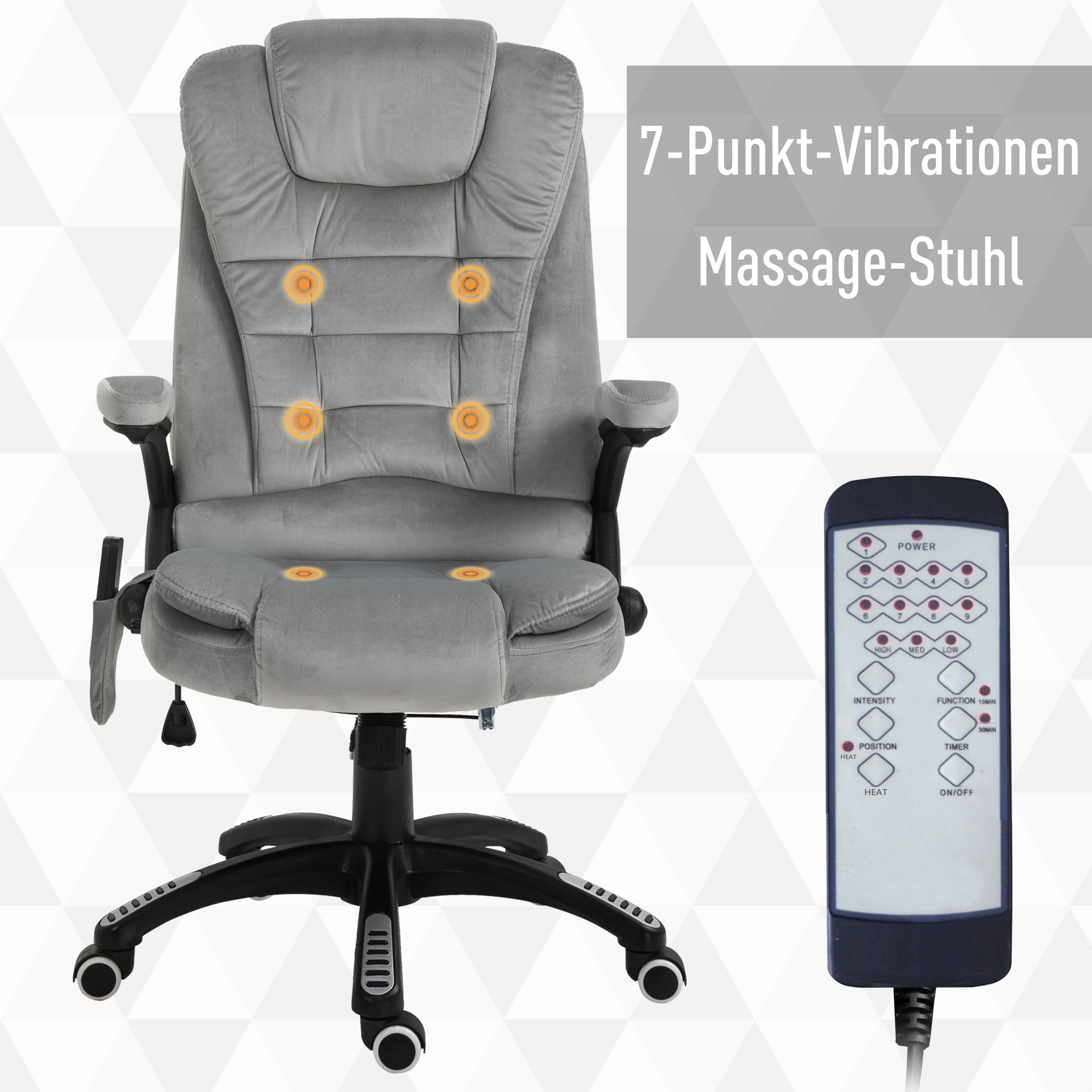 Bürostuhl mit Massagefunktion Ergonomischer Chefsessel mit Heizfunktion, Liegefunktion, Wippfunktion Höhenverstellbar 360° Drehbar Computerstuhl mit Seitentasche, Samtoptik, Grau