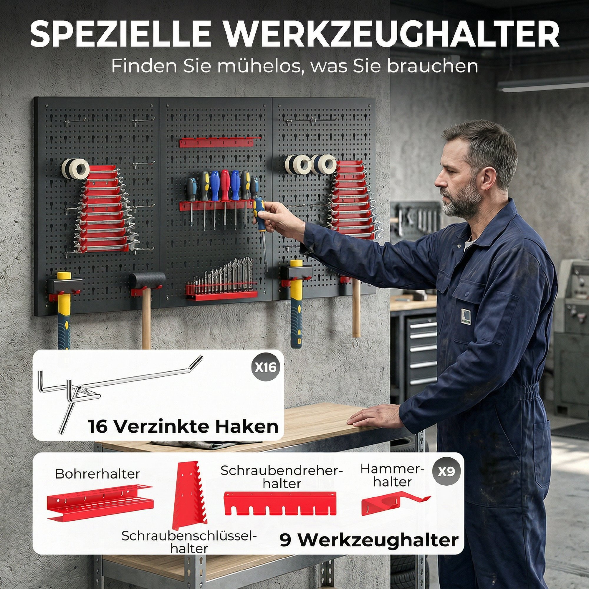 Lagersystem Wandregal 60 x 40 cm, 28 stck. Schüttenregal mit Haken Ablagefächern, Werkstattregal, Schwarz+Rot