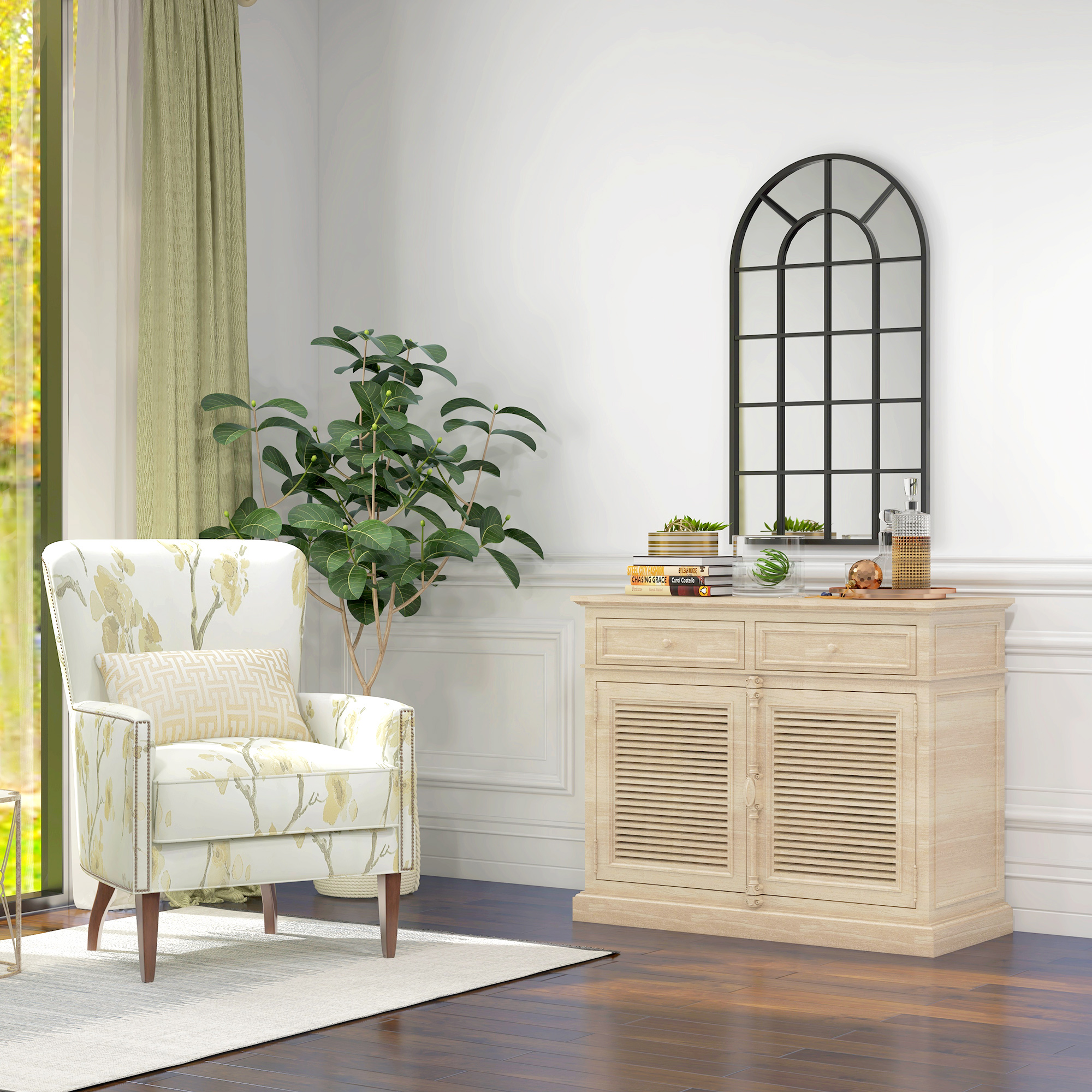 Dekospiegel großer Spiegel, Fensteroptik, Bogenförmig, inkl, Aufhängung, Schwarz + Spiegelglas