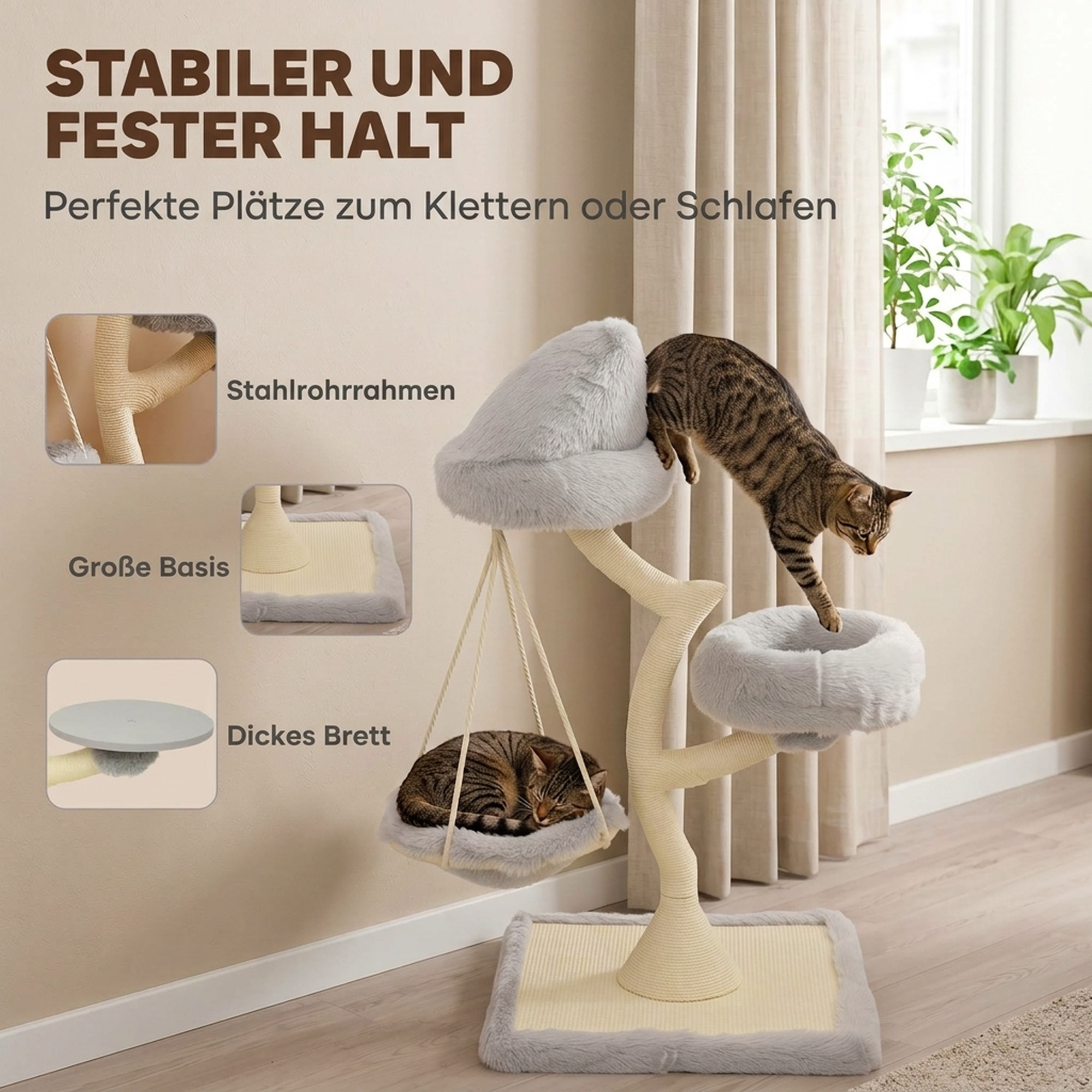 Kratzbaum 115 cm hoch Katzenbaum mit Baumform 2 waschbaren Betten Hängematte Sisal-Kratzstamm, für Katzen unter 6 kg
