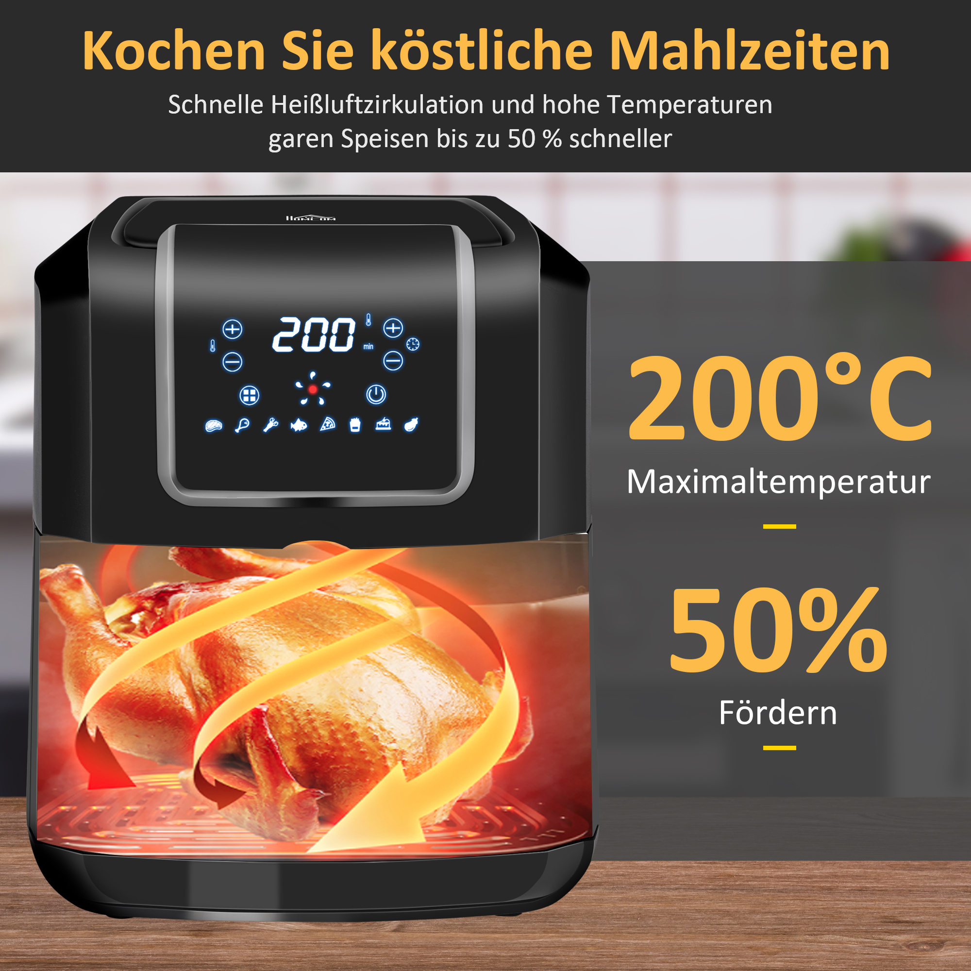 Heißluftfritteuse 6,5 L 1700W mit 8 Menüs LED-Display Antihaftbeschichteter Korb für gesundes ölfreies fettarmes Kochen Schwarz 36,5 x 29 x 33,8 cm