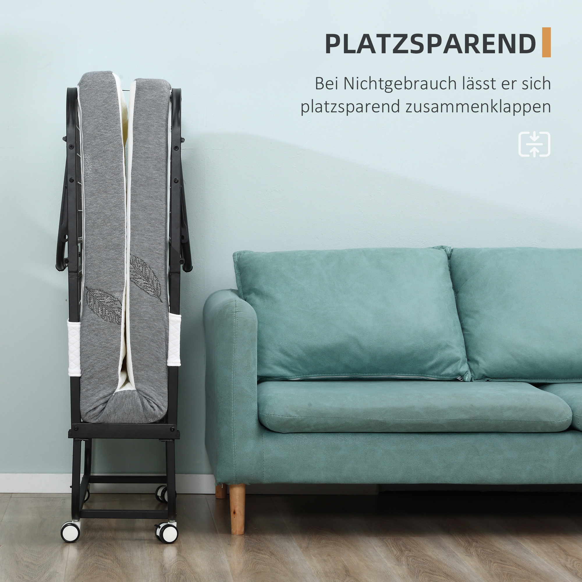 Klappbett 80x200 cm Erwachsene Gästebett Klappbar mit 10cm Dicker Schaumstoff Reisebett mit Stahlrahmen Feldbett mit Rollen bis 150 kg belastbar Einzelbett
