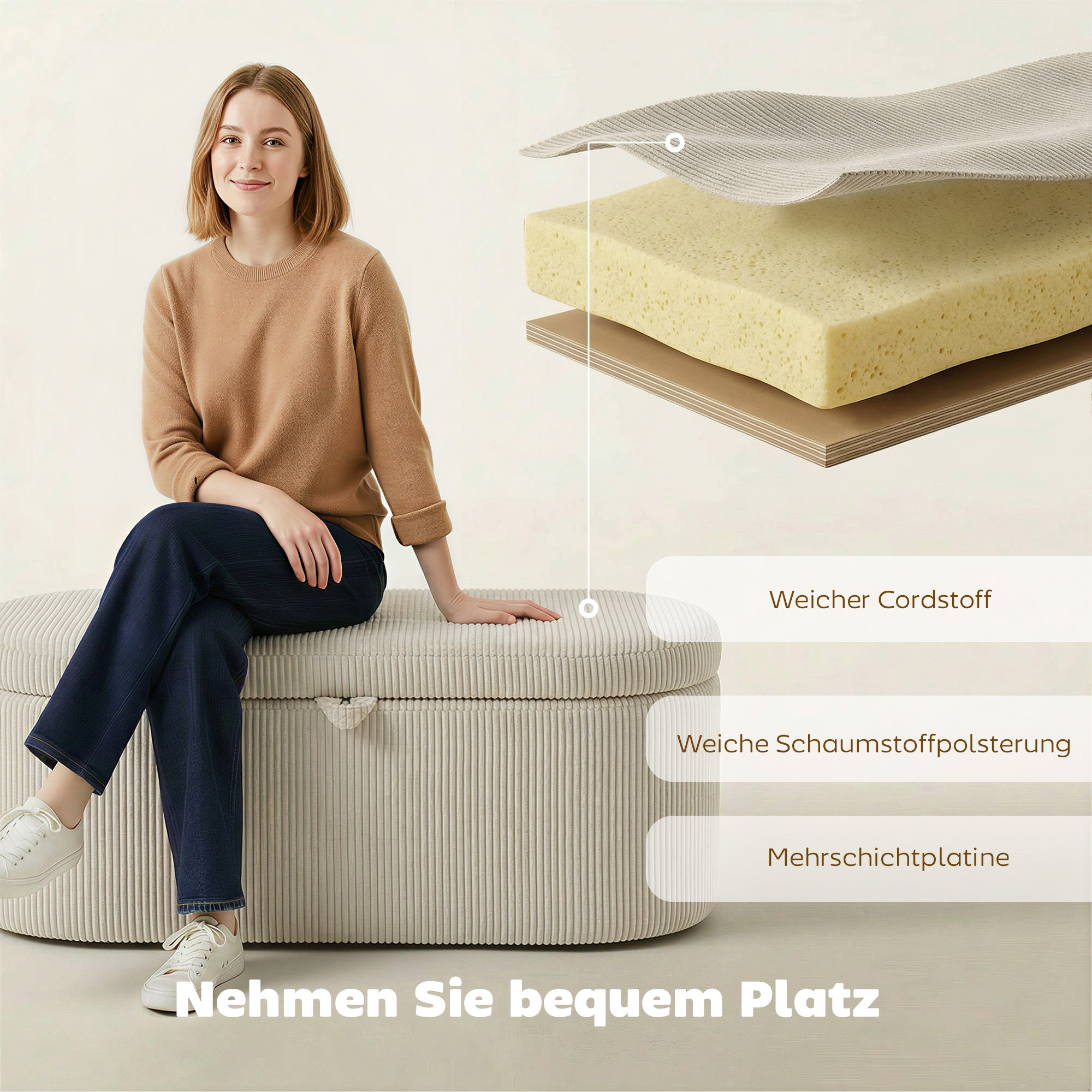 Aufbewahrungs-Ottomane, Cord-Polsterung mit gepolsterter Sitzfläche, Sitzbank am Bettende, 105 x 51 x 49 cm, Beige