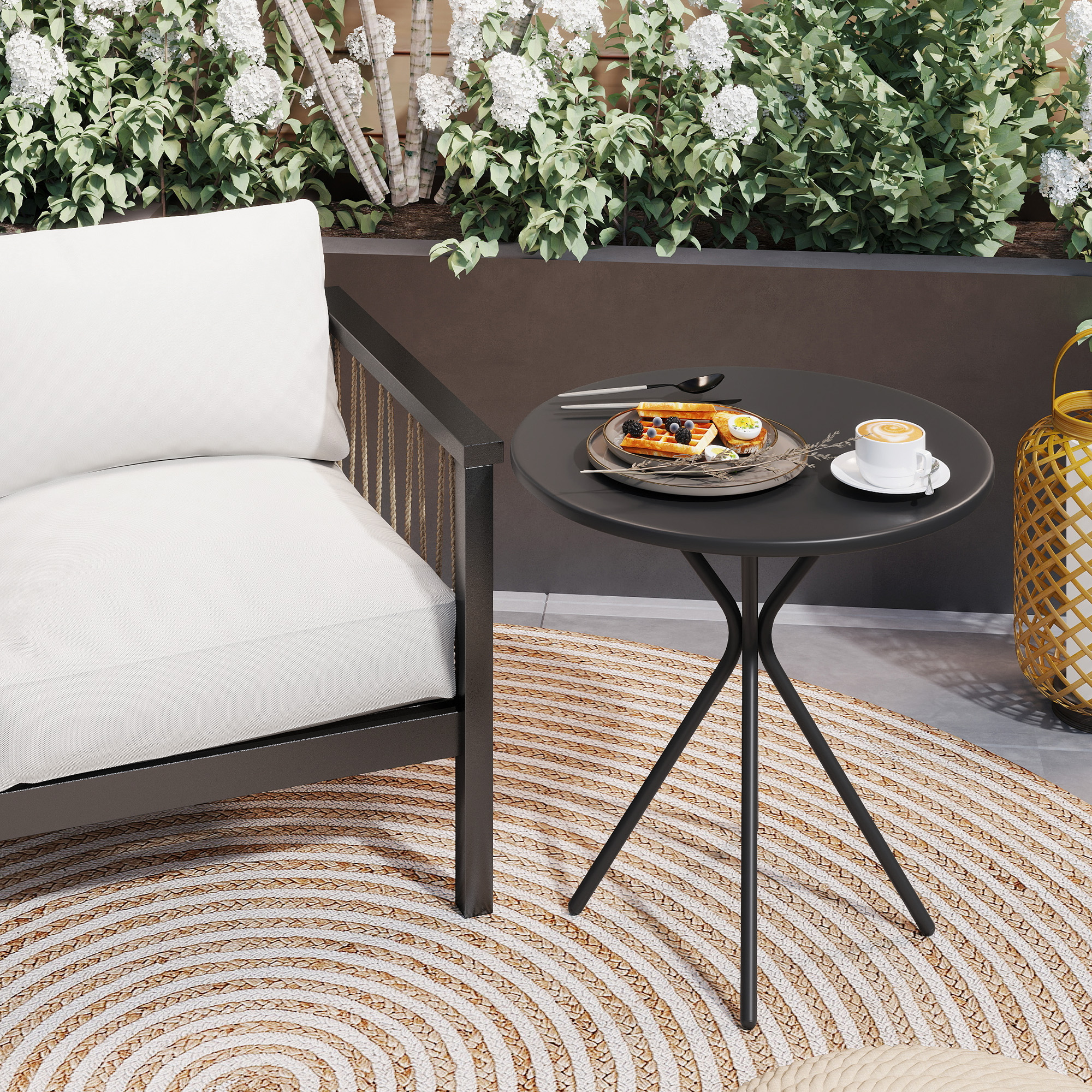 Gartentisch Ø60 x 70 cm, Wetterfest Balkontisch aus Stahl, Runder Esstisch mit Fußpolster Schwarz