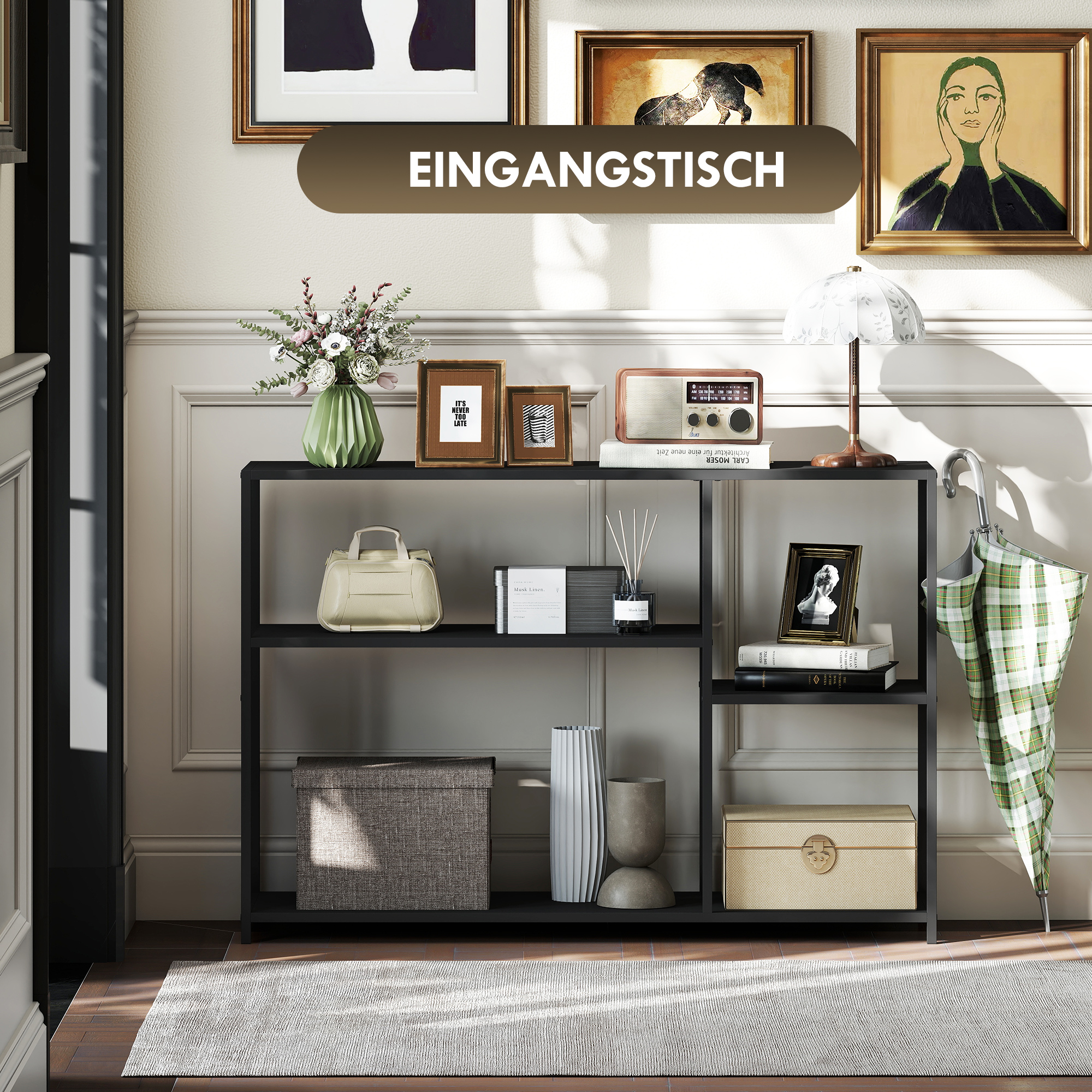 Konsolentisch, 4 Ebenen, Stahlrahmen, für Flur, Wohnzimmer, Schwarz