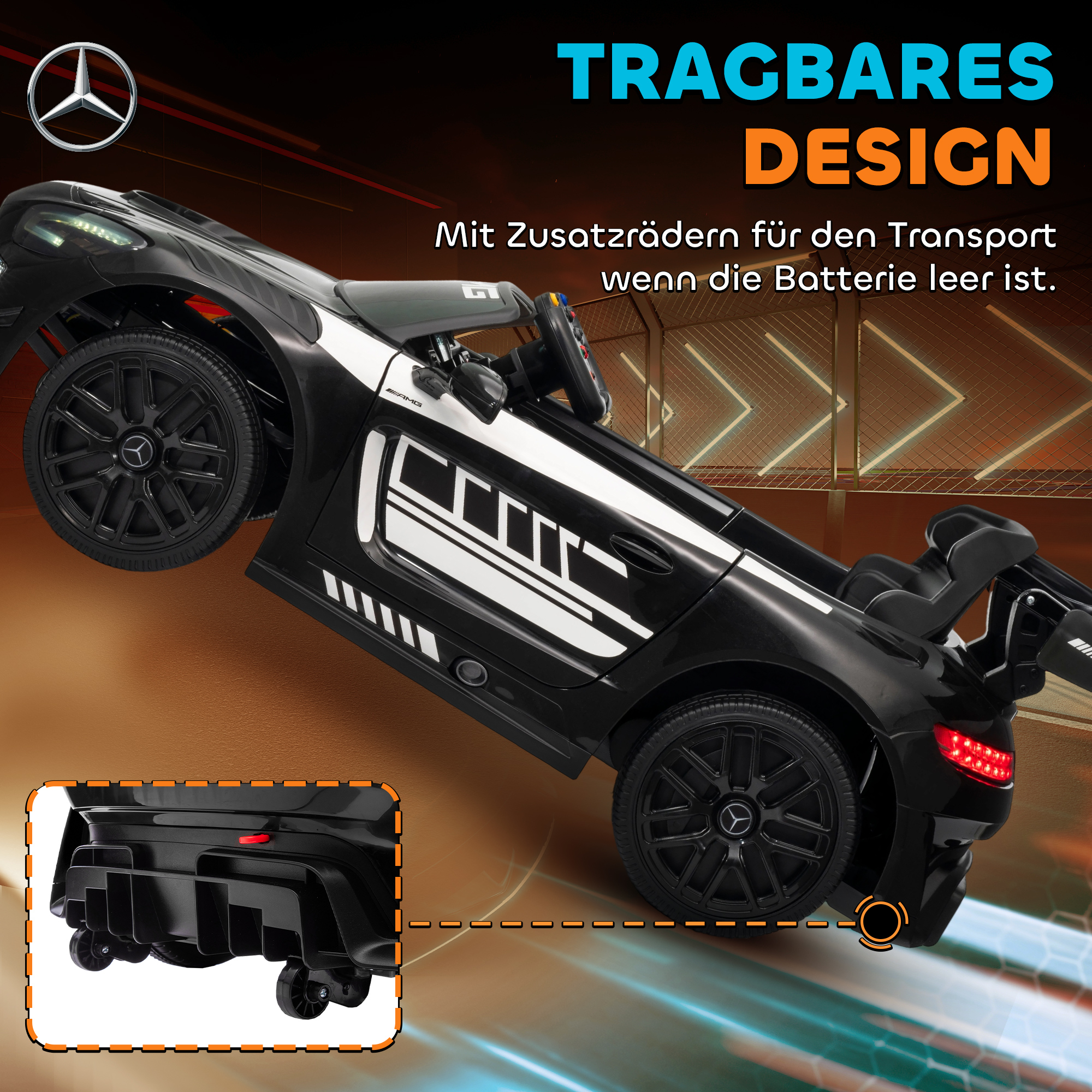 Mercedes-Elektroauto, Aufsitzauto für Kinder, 12V Batterie, LED-Lichter, Musikfunktion, Hupe, 3-8 Jahre, Schwarz