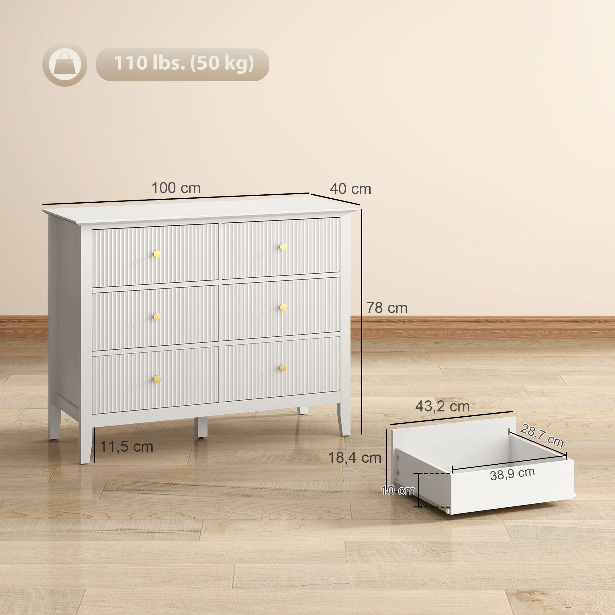 Kommode Sideboard mit 6 Schubladen Moderner Aufbewahrungsschrank für Wohnzimmer Schlafzimmer Flur 100 x 40 x 78 cm Weiß