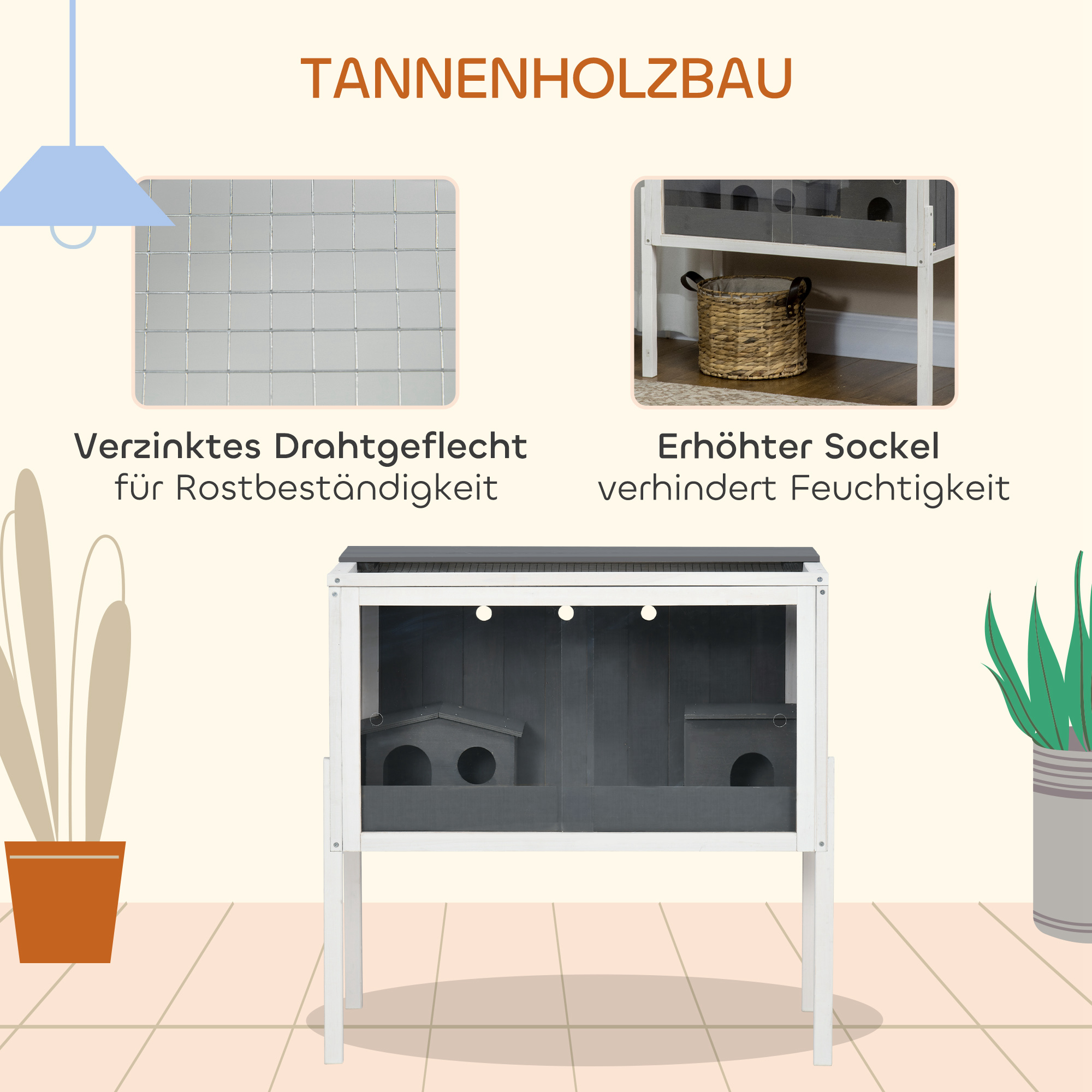 Hamsterkäfig, 3000 cm² Zwerghamsterkäfig aus Holz und Metall, mit 2 Hütten, Acrylschiebetüren, stabil, sicher, Grau+Weiß