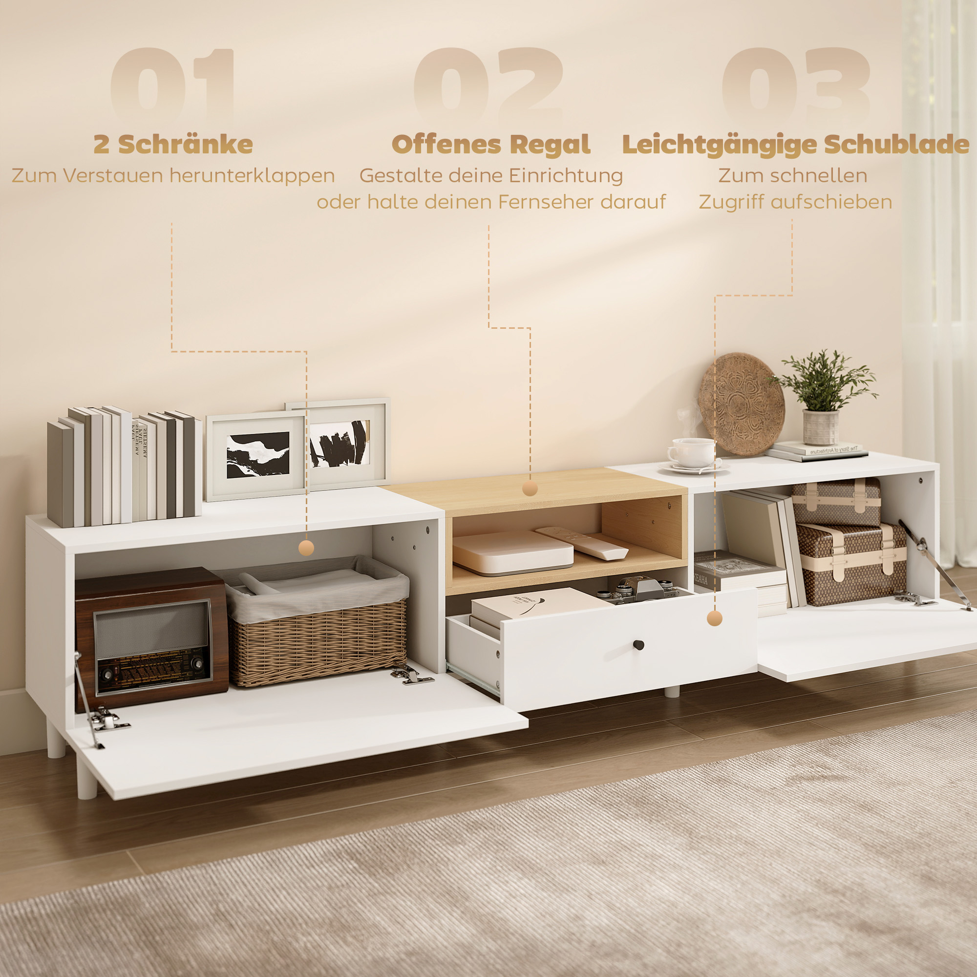 200 cm TV-Kommode für Fernseher bis zu 90 Zoll, 2 Klappenfächer, offenes Fach, Schublade, 8 Beine, Spanplatte, Weiß