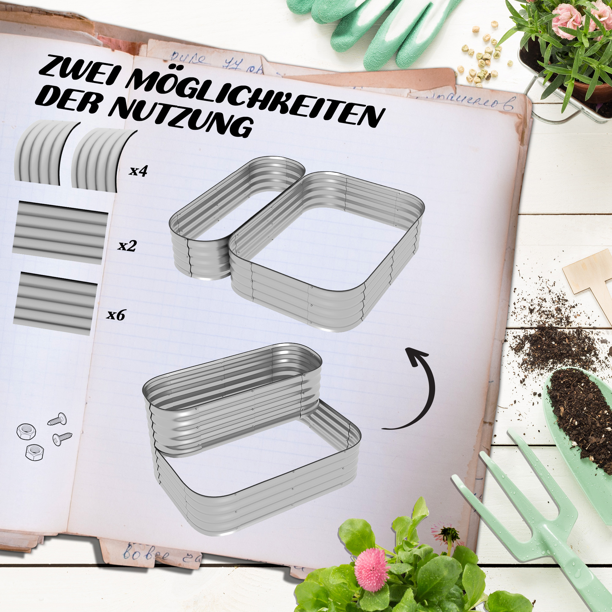 Hochbeet aus Metall, 2 Etagen, witterungsfest, offener Boden, 120 x 90 x 30cm, Farbe: Silber