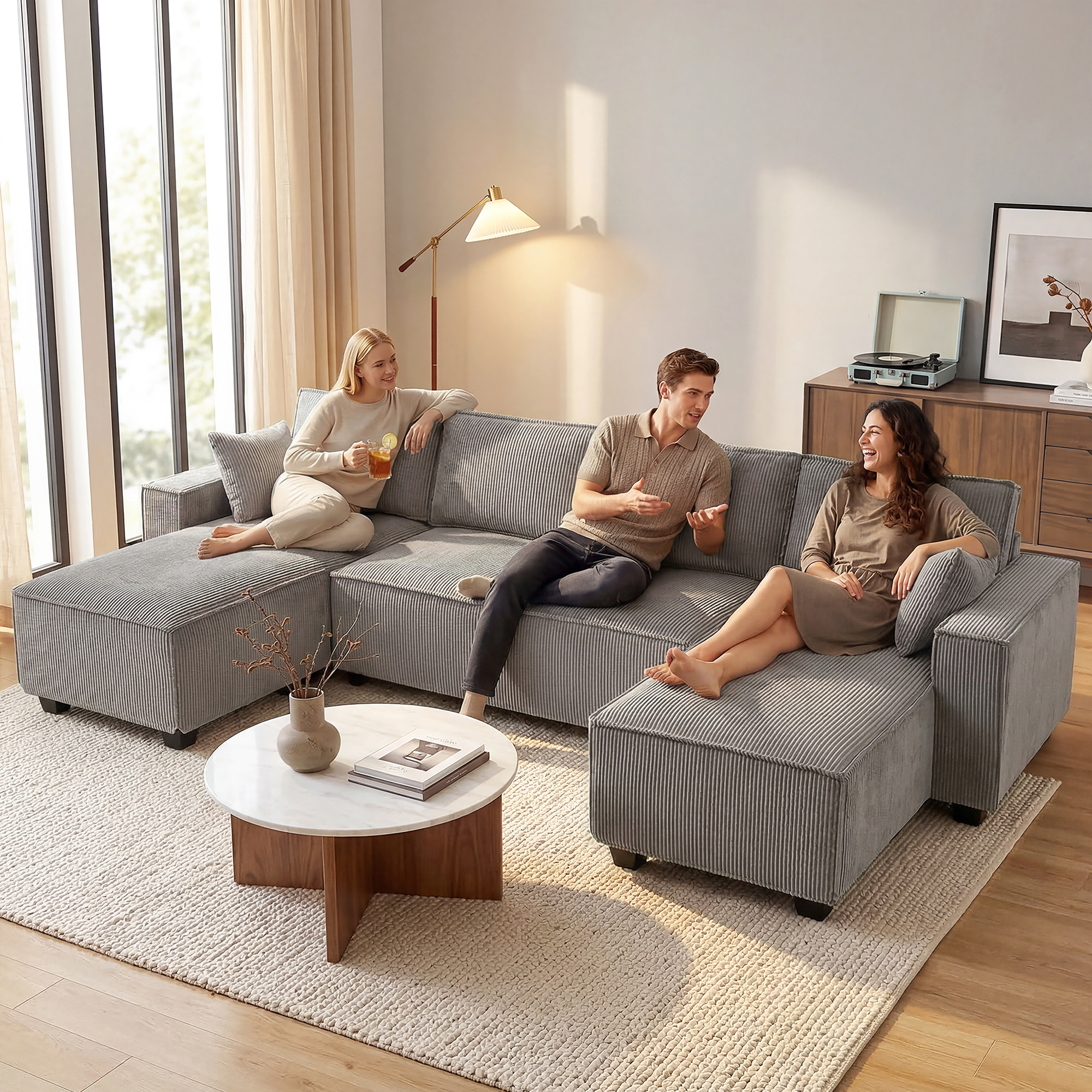 Ecksofa mit Doppel-Chaiselongues, U-förmiges Sofa aus Cordstoff mit breitem und tiefem Sitz, Federkernkissen, Hellgrau
