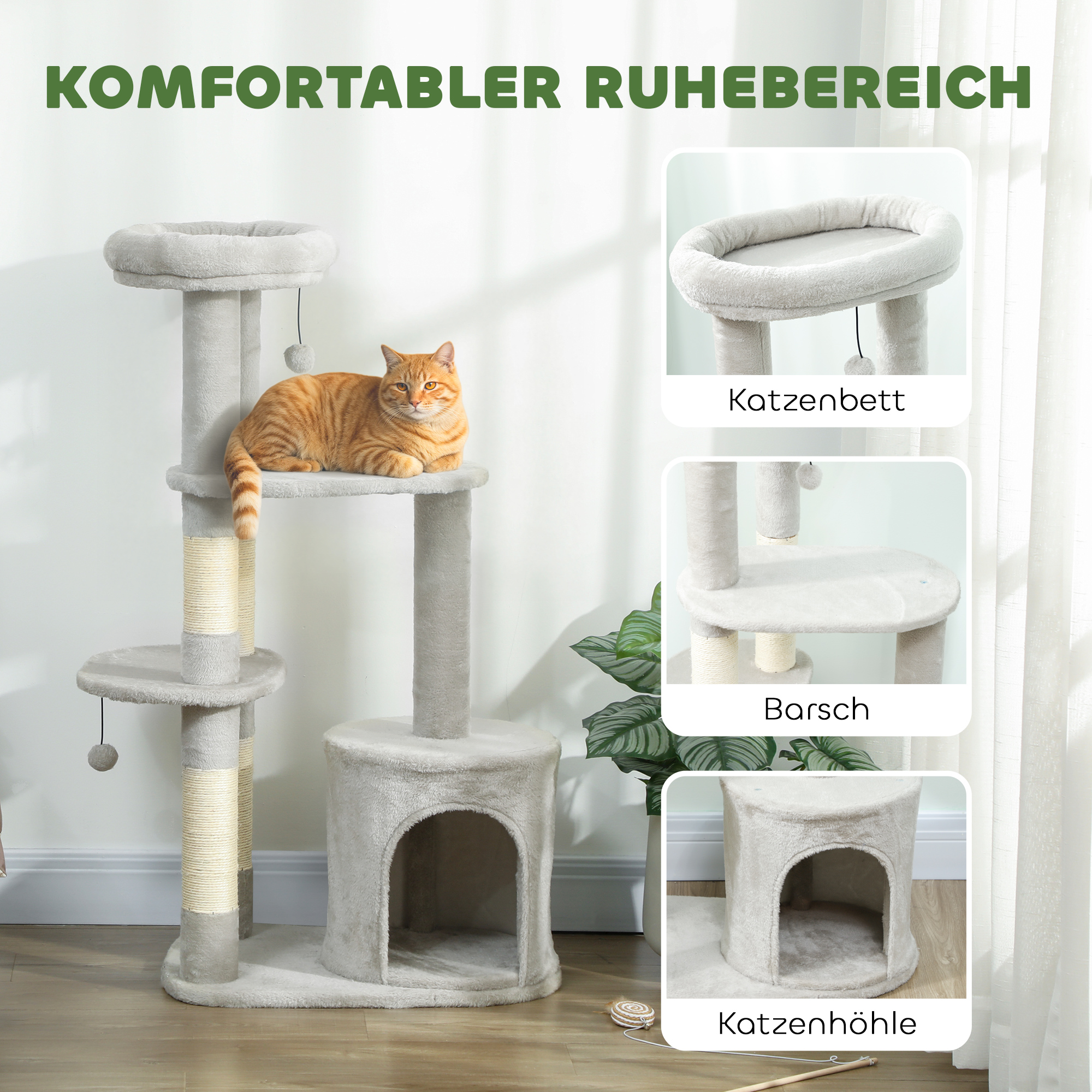 Kratzbaum 114 cm Katzenturm mit Höhle, Sisalstämme, Plattform, mehrstöckig ür mittelgroße Katzen unter 6 kg, Hellgrau