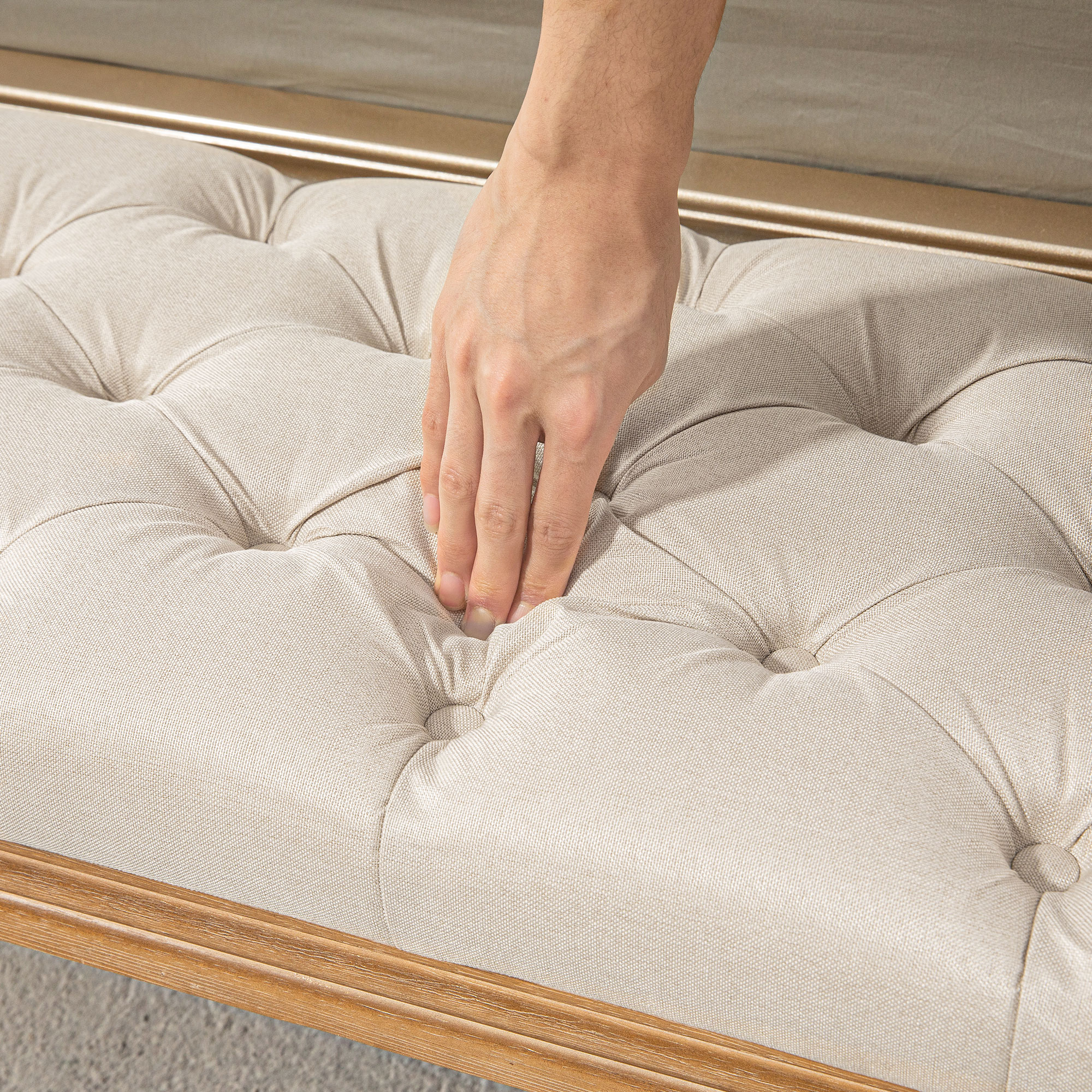 Polsterbank mit Knopfheftung, Bettbank, Vintage Design, 120x41x48cm, Cremeweiß