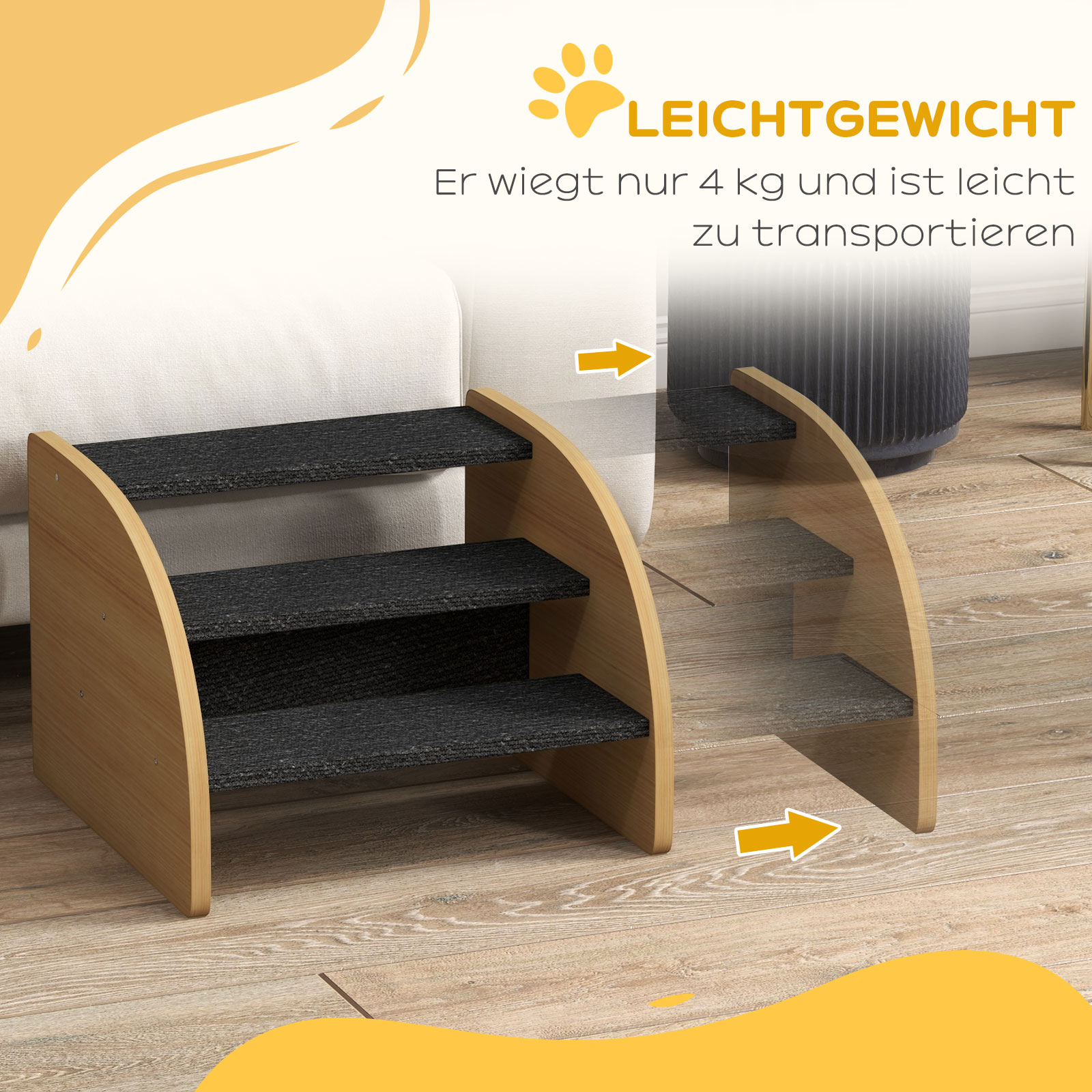 Haustiertreppe Hundetreppe, 3 Stufen, kleiner Hund, 38,5 cm x 38,5 cm x 30 cm, Eiche + Schwarz