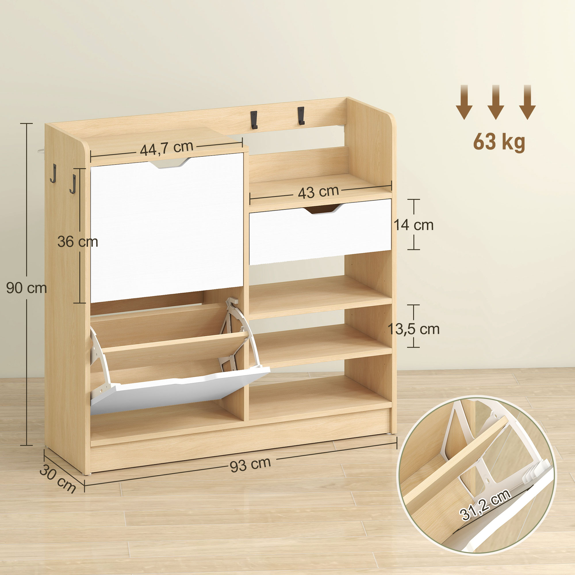 Schuhregal für Flur, Schuhschrank mit Kippschubladen, offenen Regalen, 4 Haken, für bis zu 14 Paar Schuhe, Natur