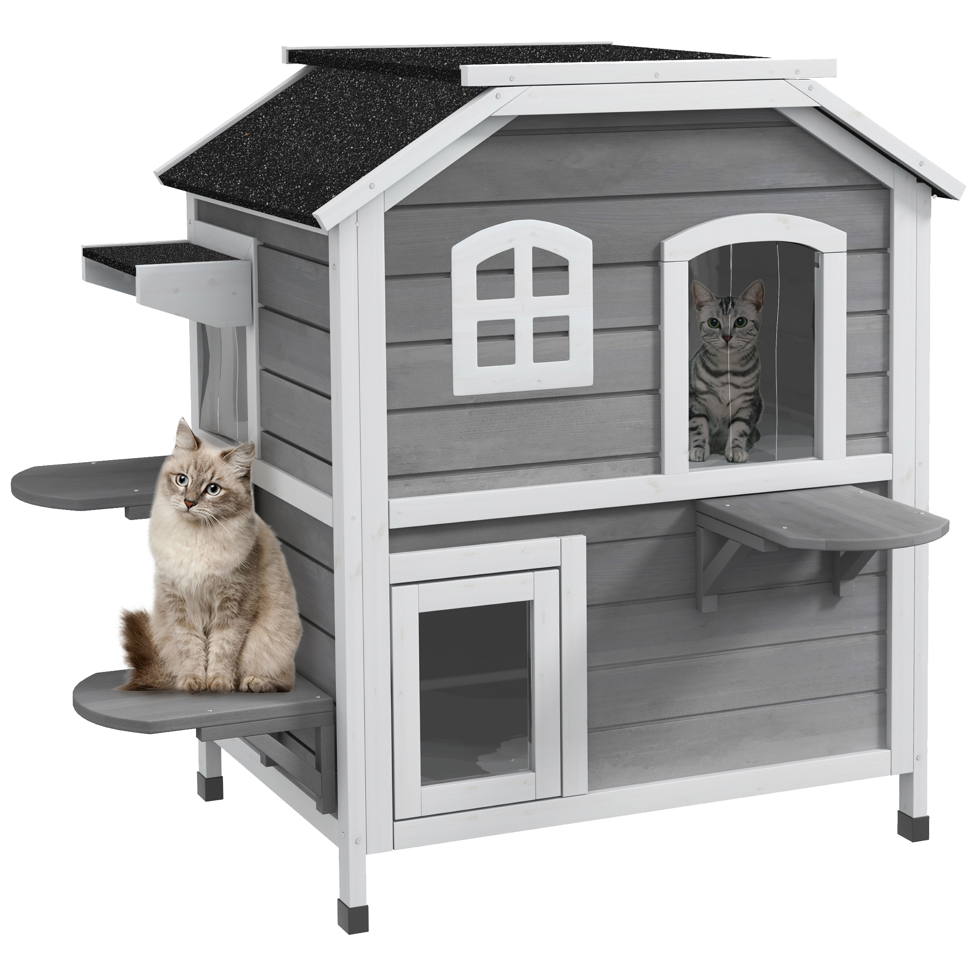 Katzenhaus aus Holz 2-Etagen Winterfest wasserdicht Katzenhütte mit Asphaltdach klappbarem Deckel Treppe Katzenhöhle Outdoor Schutzhütte für Draußen Garten Balkon 78 x 55,5 x 91 cm Grau
