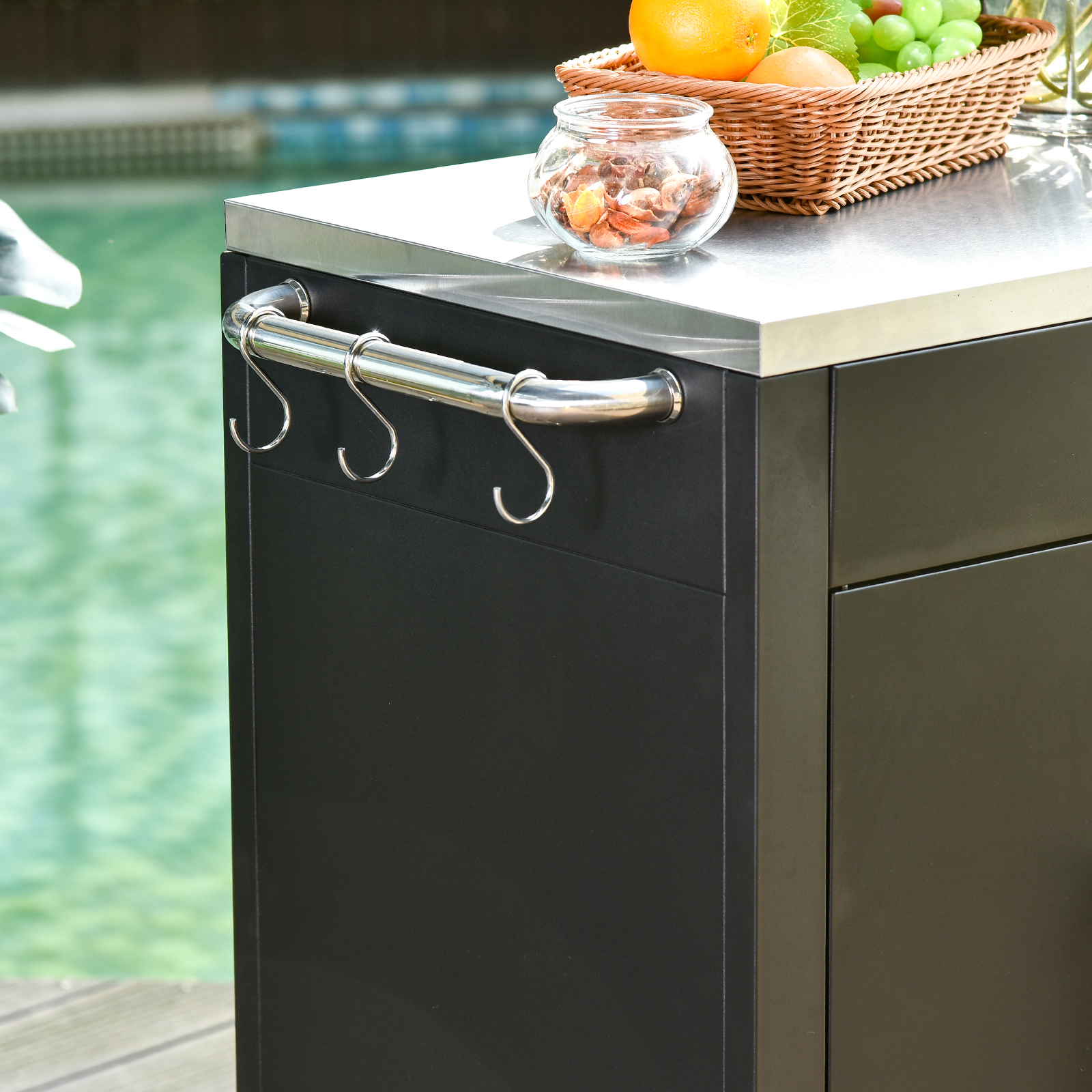 Küchenwagen mit Rollen, Servierwagen, Rollwagen mit Schrank, Haken und Edelstahlgriffe, Küchenhilfe, BBQ Grilltisch aus Edelstahl Küchentrolley, 86 x 50 x 86,5 cm Schwarz