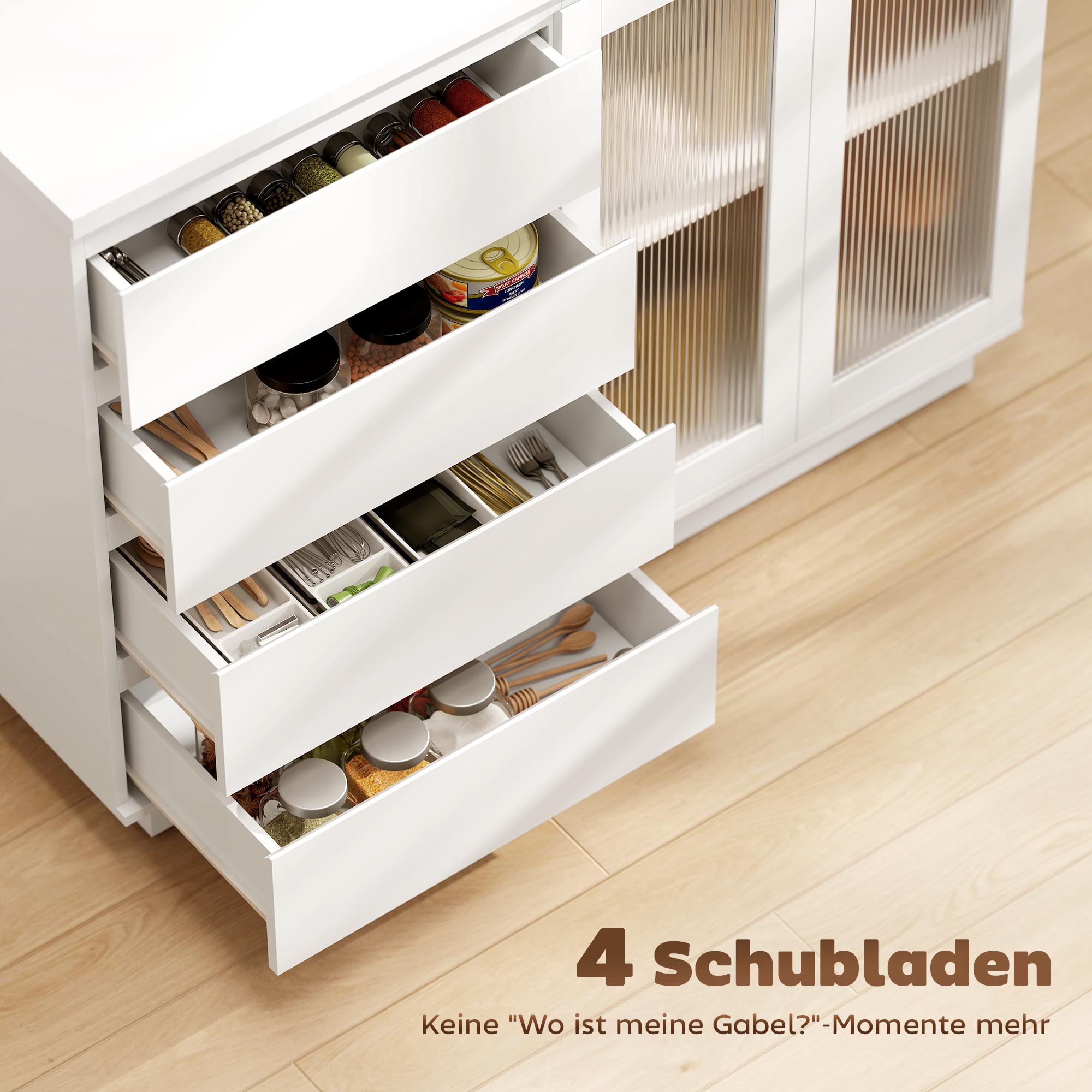 Buffetschrank, Sideboard mit 4 Schubladen, 2 Glastüren, modernes Design, MDF, Weiß