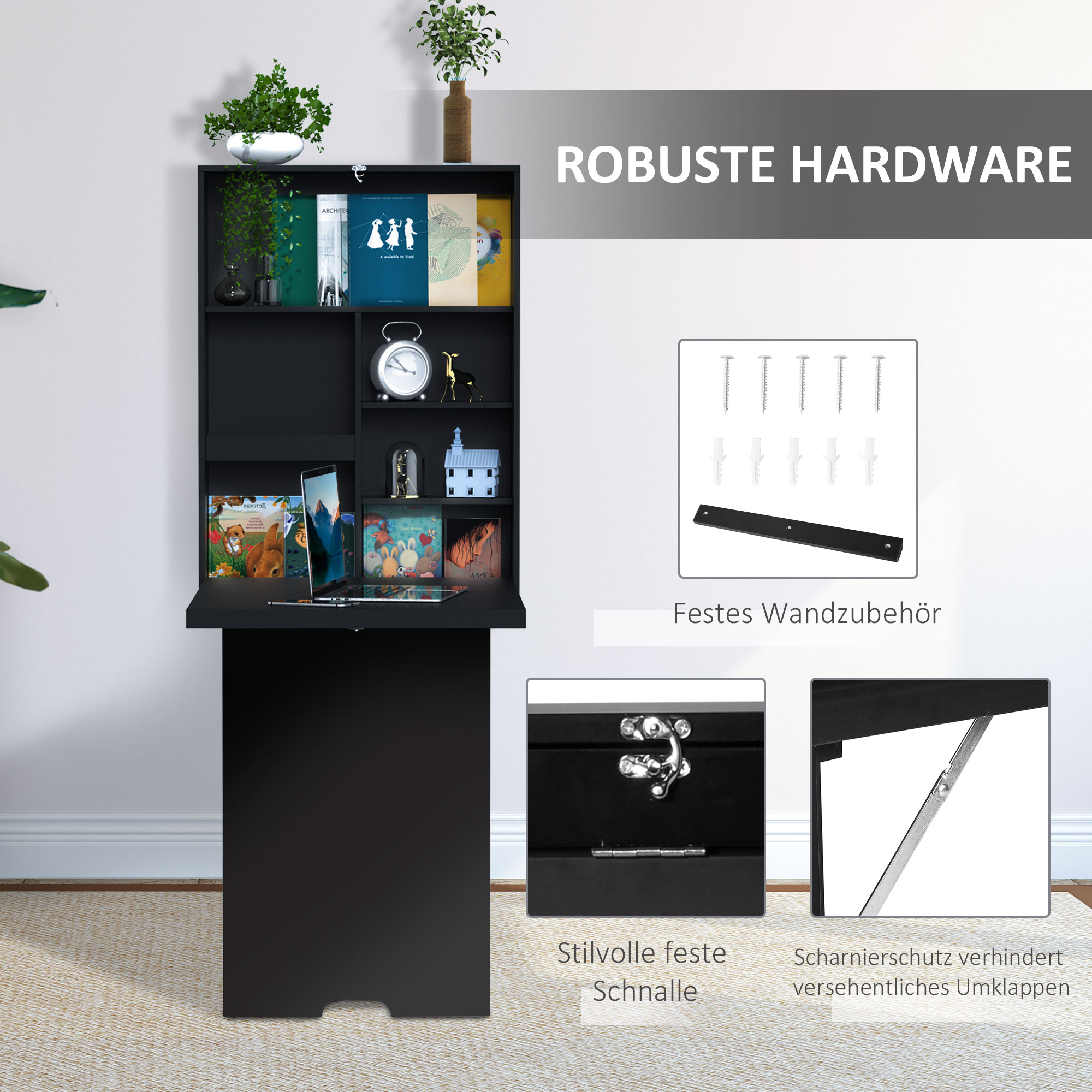 Wandklapptisch Wandschreibtisch, inkl. Schreibtafel, 60 cm x 94,5 cm x 147 cm, Schwarz