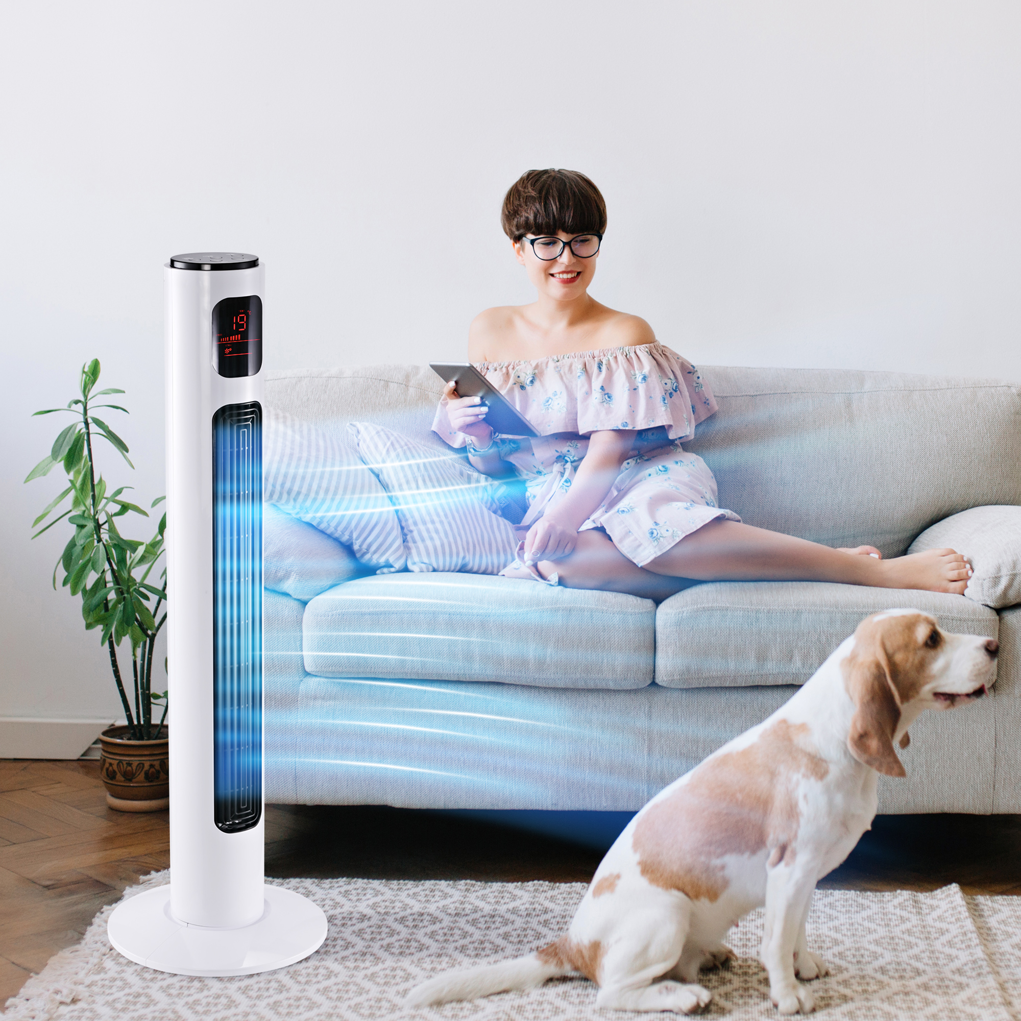Turmventilator mit Fernbedienung 70° oszillierender 96 cm Standventilator Säulenventilator 45 W mit 3 Modi 3 Geschwindigkeiten Timer Weiß