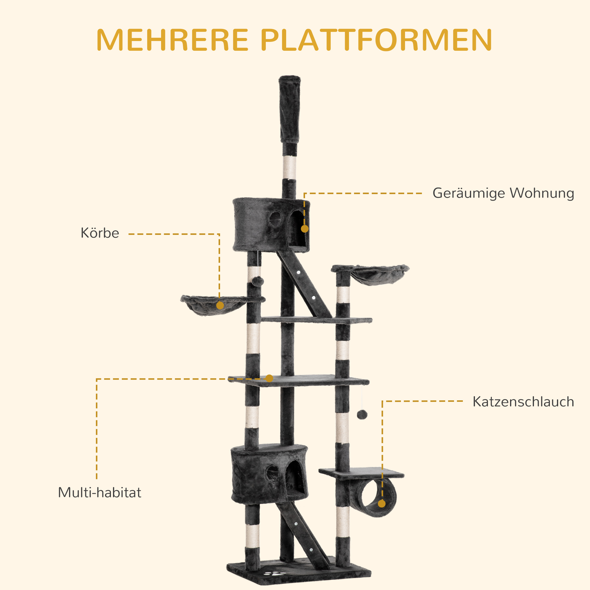 Kratzbaum deckenhoch Höhe 240-260 cm Katzenbaum mit Plüschbälle, Katzenhöhle, Hängematte, Sisalstämme, Plattformen mehrstöckiger Katzenkratzbaum Kletterbaum für große Katzen, Dunkelgrau
