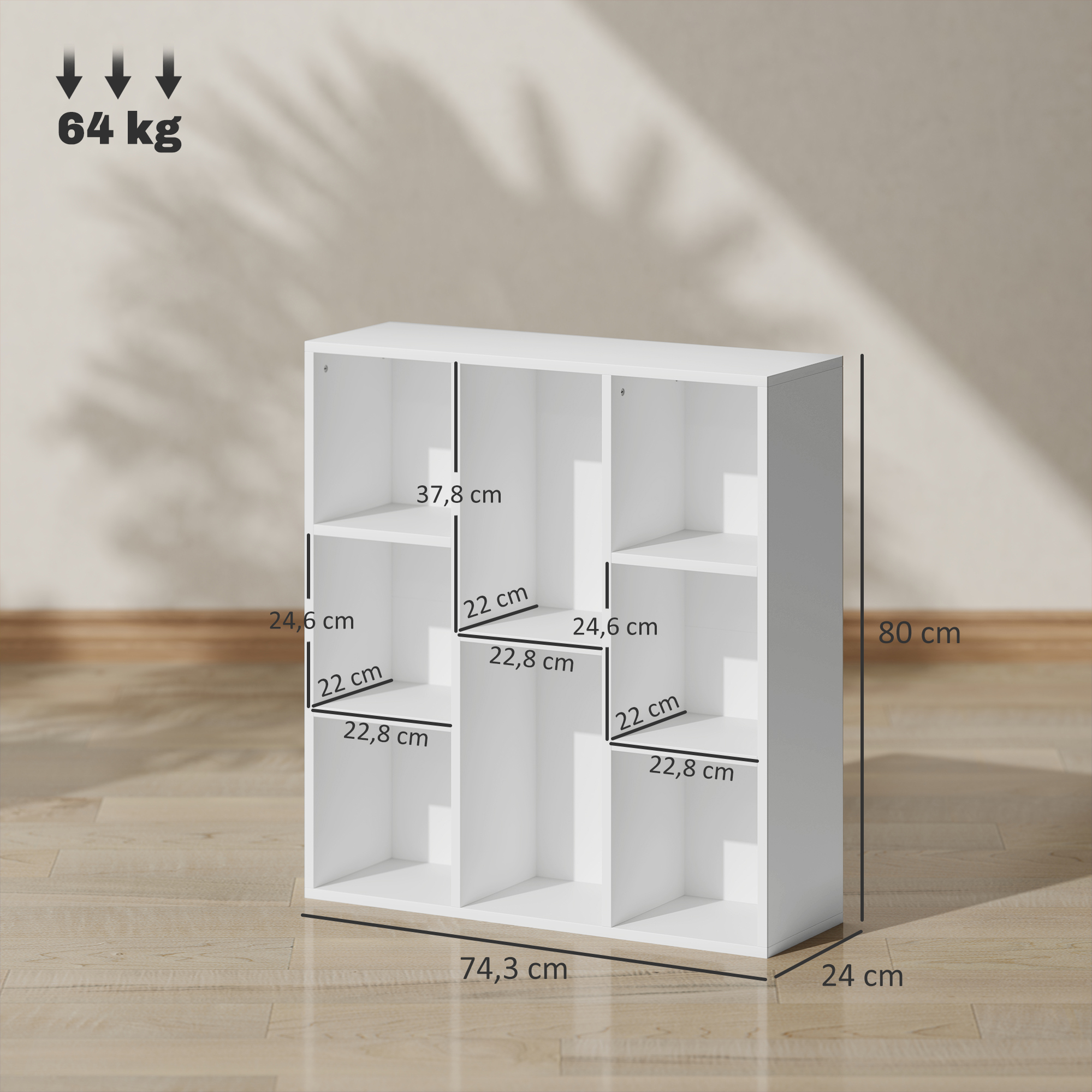 3-Ebenen-Bücherregal, 8 Fächer, Spanplatte, Aufbewahrungsregal, Weiß